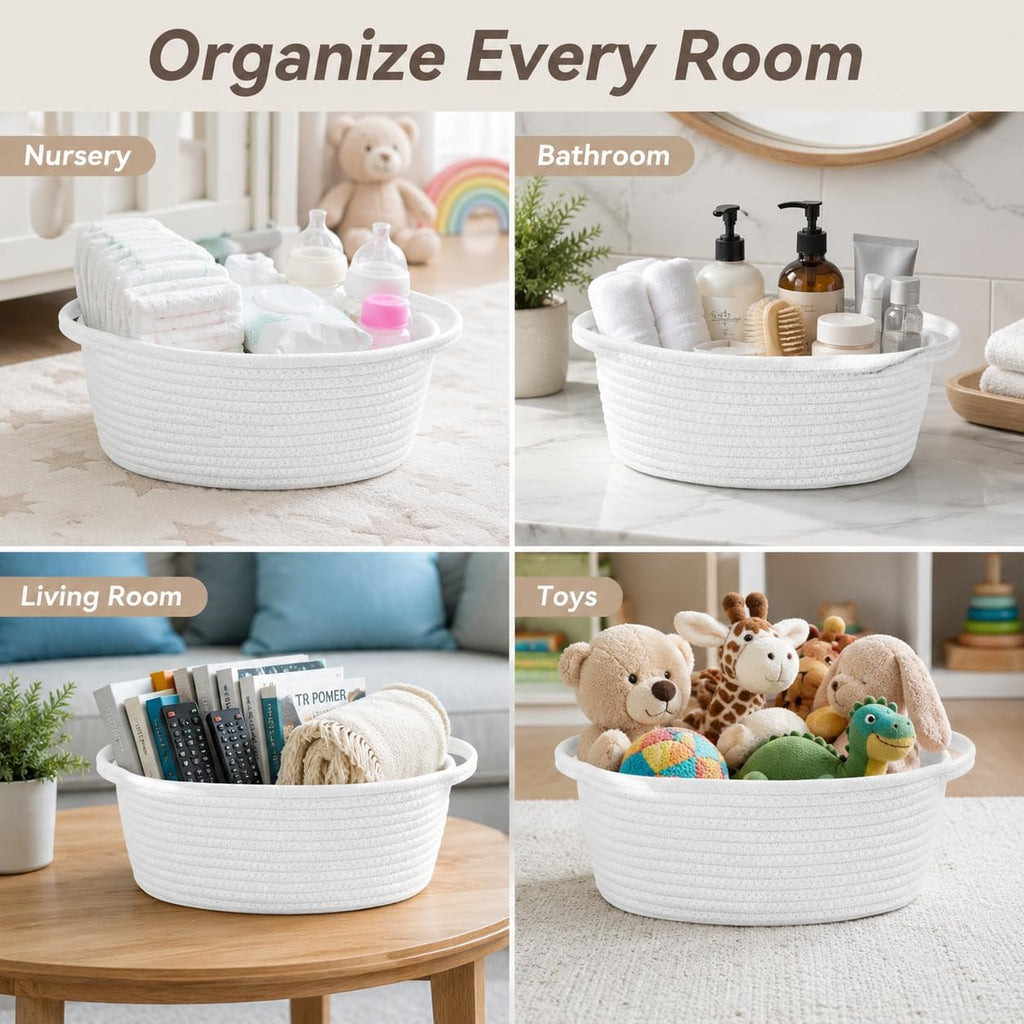 ABenkle Small Basket with Handles, Boho Decorative Rope Woven Dog Cat Toy Storage Bin Shelf Storage Organizer, Easter Christmas Gift Basket, 12"x8"x5", White