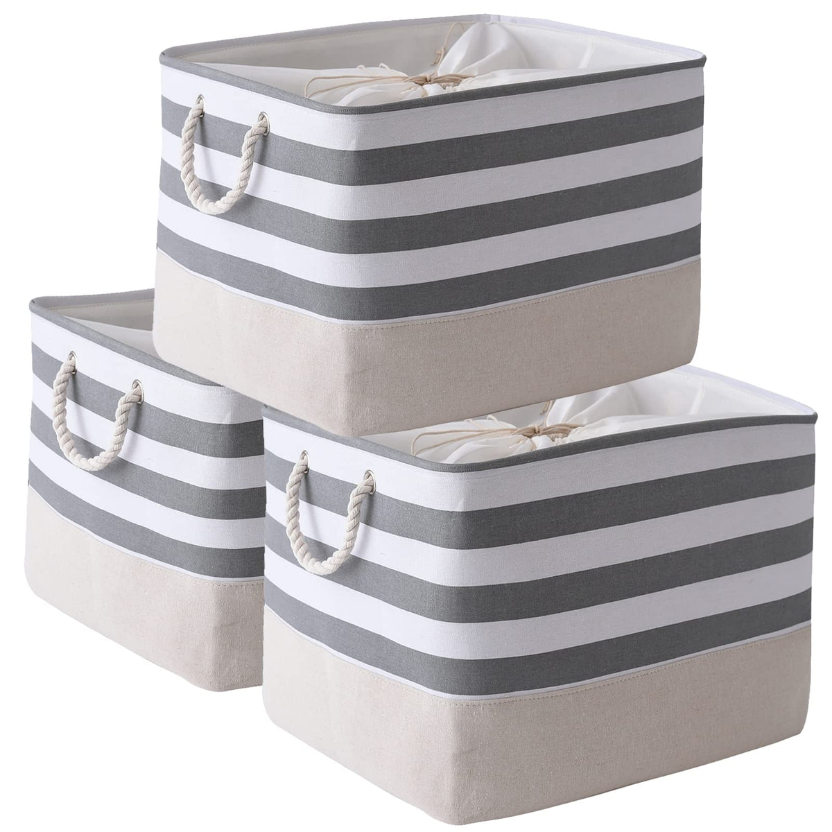 TheWarmHome Storage Basket for Organizing - Medium 3 Pack 14x10x7 inch Fabric Storage Cubes for Shelves with Rope, Collapsible Storage Bin for Organizer Closet Cloth Gift Toy (White & Jean Blue)