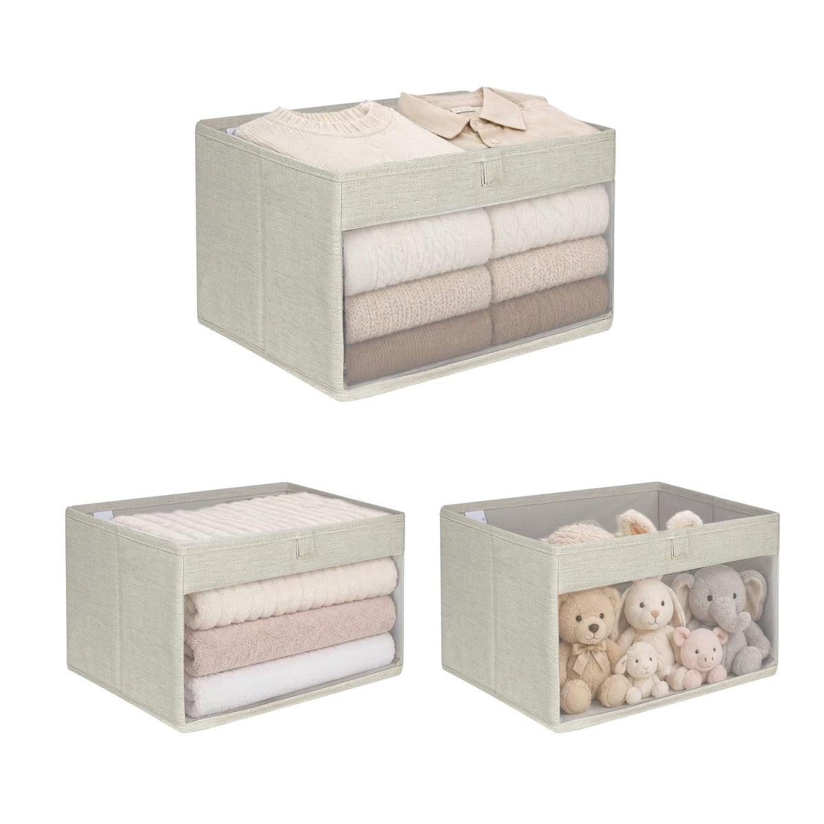 WUIKE Closet Storage Bins with Clear Window, Beige, Large, 3-Pack
