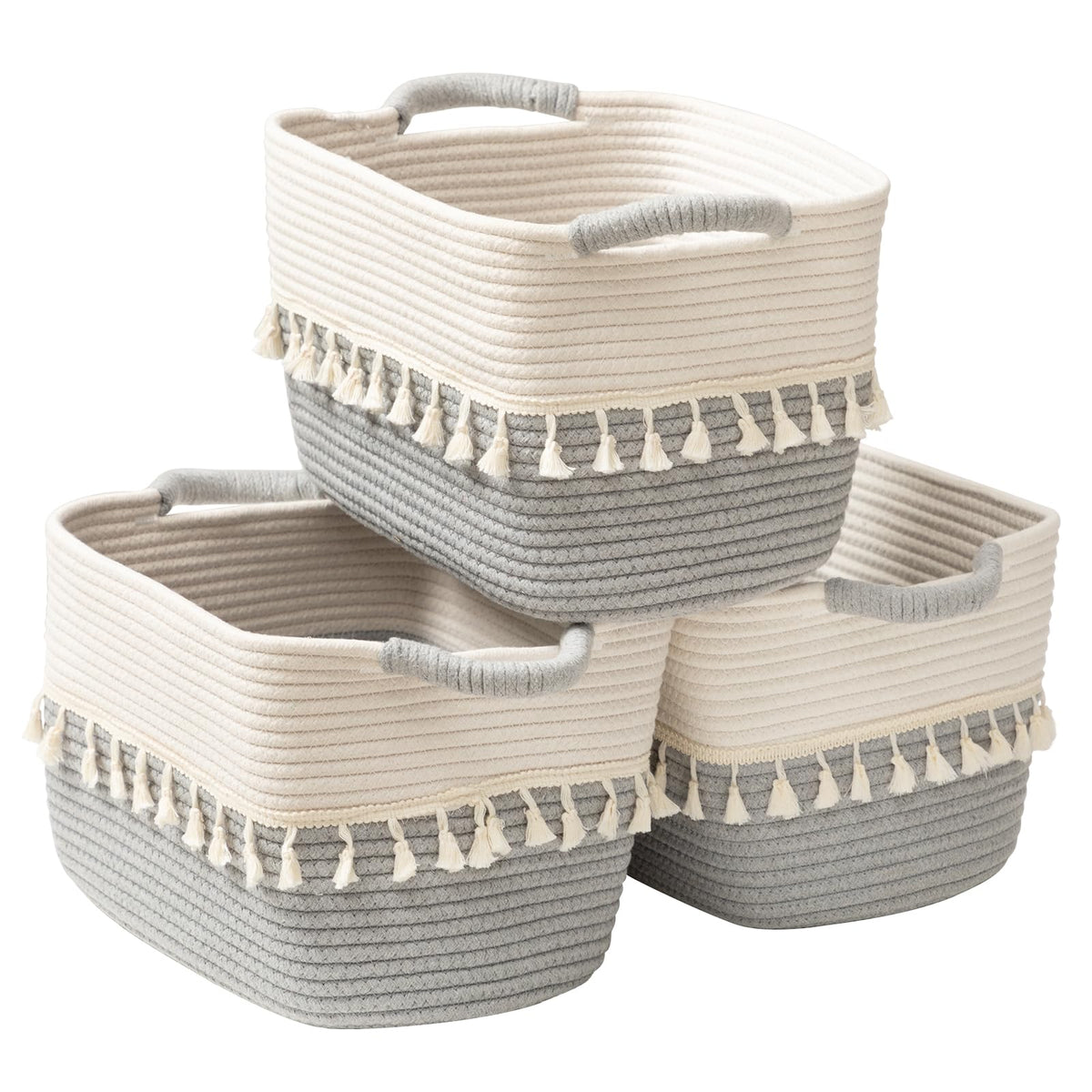TeoKJ Woven Storage Bin Set of 3, Cotton Rope Basket for Storage, Clothes Boho Basket Bin for Organizing, Fabric Basket for Books, Plants, Pet Treats, White & Jute