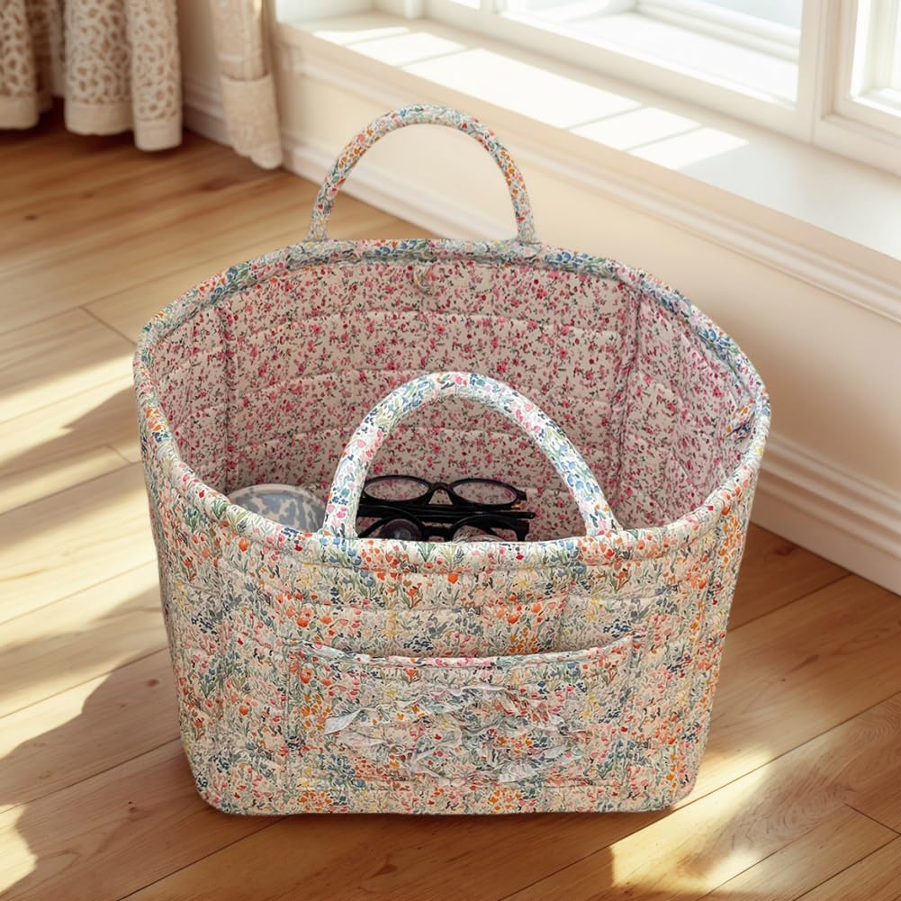 Foldable Laundry Basket Boho Bear Storage Basket Floral Quilted Fabric Car Storage Basket Handles Large Laundry Baskets for Clothes and Dolls
