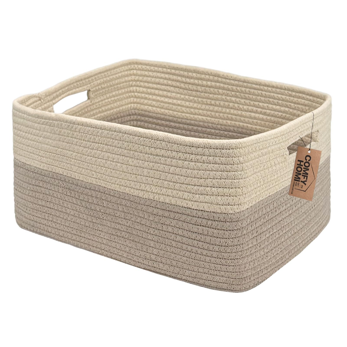 COMFY-HOMI Cotton Rope Woven Basket with Handles for Shelves,Toys,Book, Cloth Storage Baskets Bin for Organizing- 1 PCSToy Decorative Organizer for Living Room, Bathroom