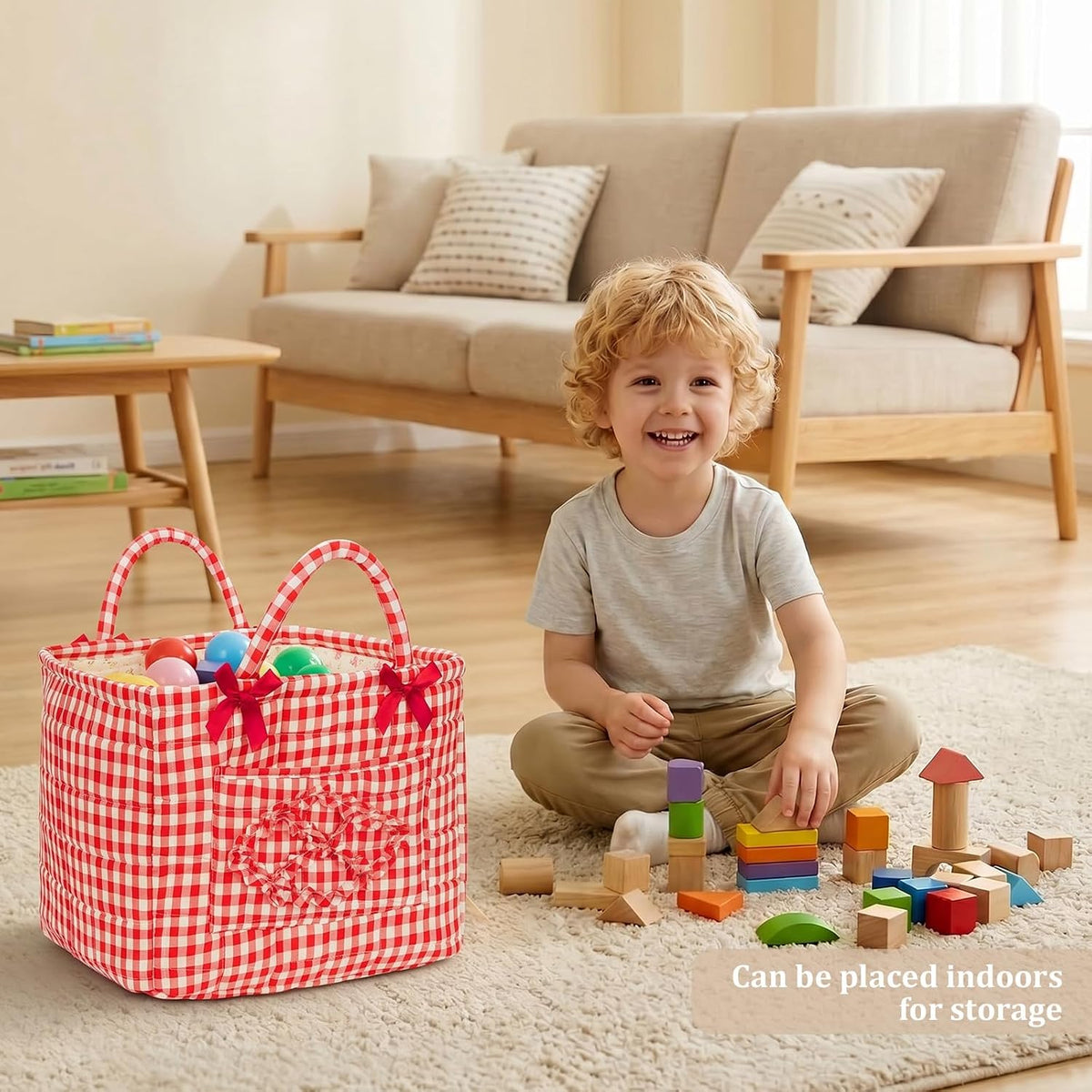 Floral Fabric Storage Basket Car Interior Storage Basket Underwear Sundries Laundry Baskets Supplies Home Organizer Bag (Red plaid)