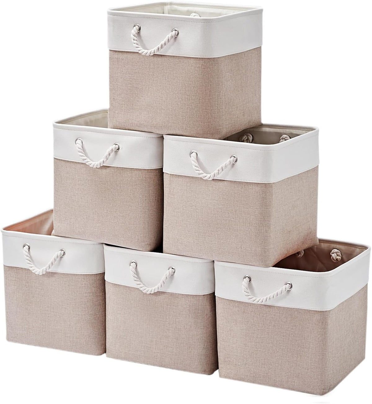 13 x 13 Inch Cube Storage Bins,Storage Cubes for Shelves，Foldable Organizer Boxes with Handles, Decorative Storage Basket for Organizing Clothes, Toys, Books(White&Beige)
