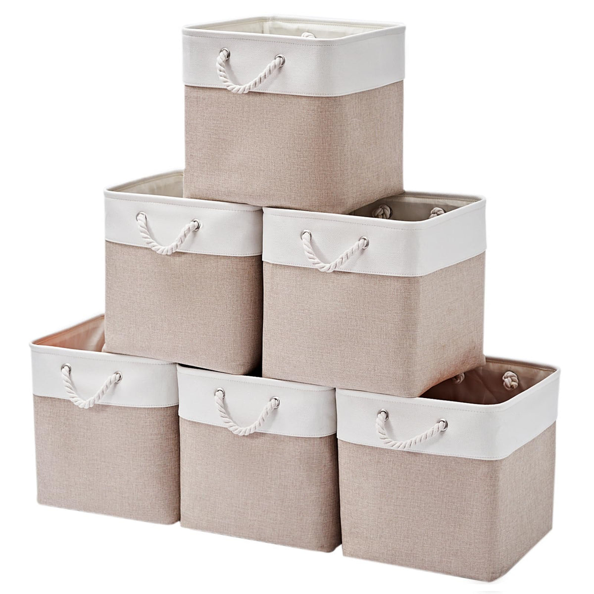 13 x 13 Inch Cube Storage Bins,Storage Cubes for Shelves，Foldable Organizer Boxes with Handles, Decorative Storage Basket for Organizing Clothes, Toys, Books(White&Beige)