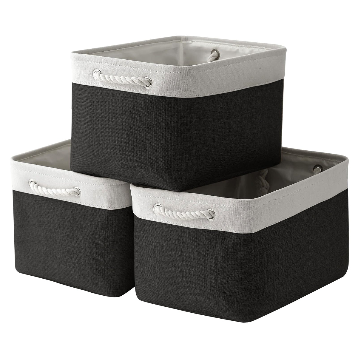 TheWarmHome Storage Basket for Organizing - Medium 3 Pack 14x10x7 inch Fabric Storage Cubes for Shelves with Rope, Collapsible Storage Bin for Organizer Closet Cloth Gift Toy (White & Jean Blue)