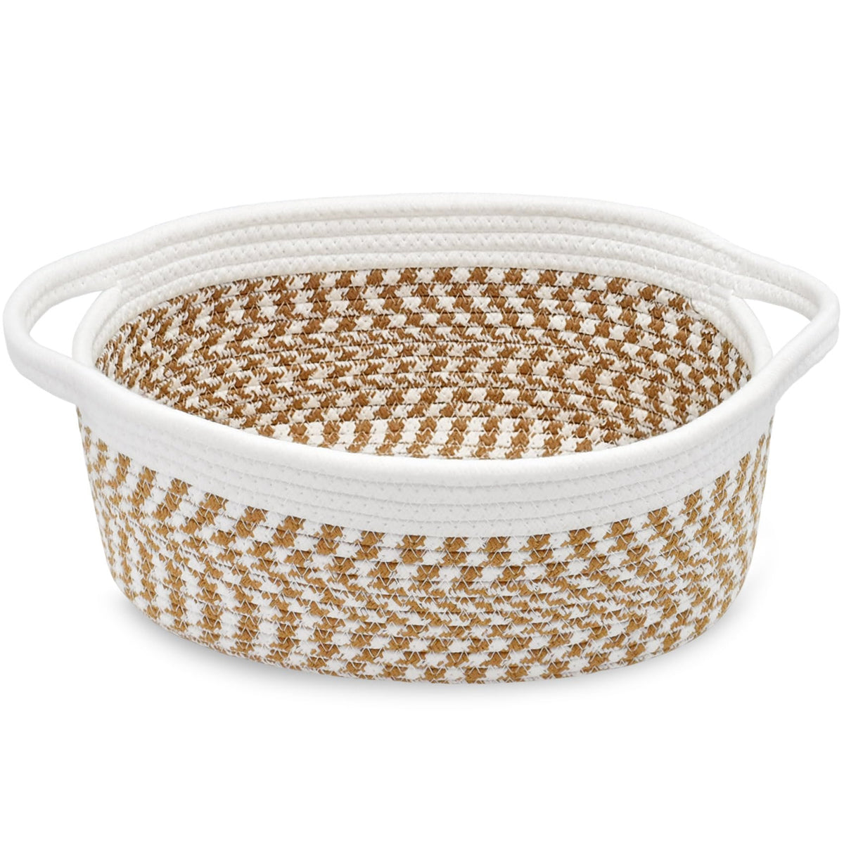 ABenkle Small Basket with Handles, Boho Decorative Rope Woven Dog Cat Toy Storage Bin Shelf Storage Organizer, Easter Christmas Gift Basket, 12"x8"x5", White