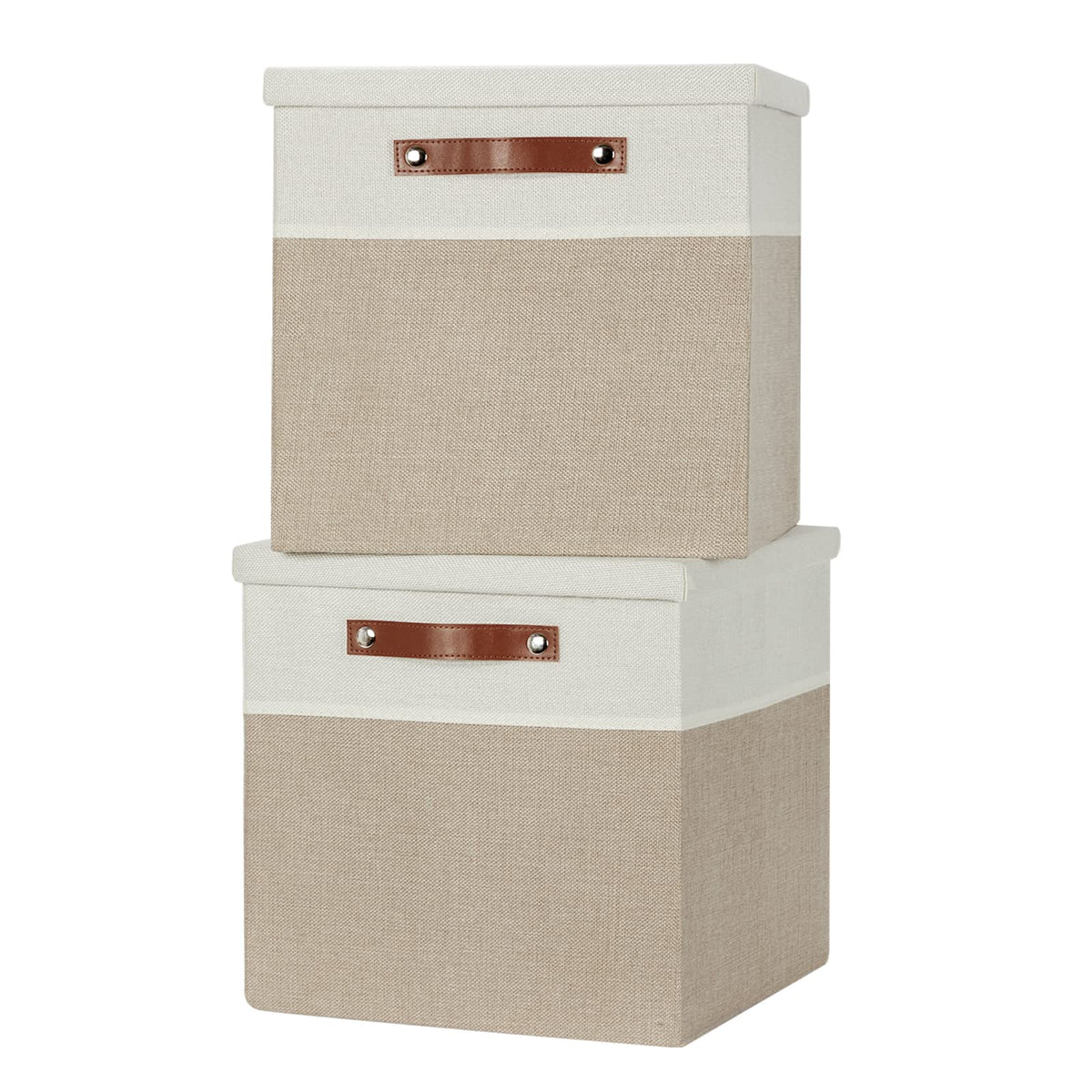 Temary Foldable Storage Bins with Lids, [2-Pack] Large Storage Baskets with Lid, Fabric Storage Bin for Organizing Home (White & Khaki, 15x11x9.5inch)