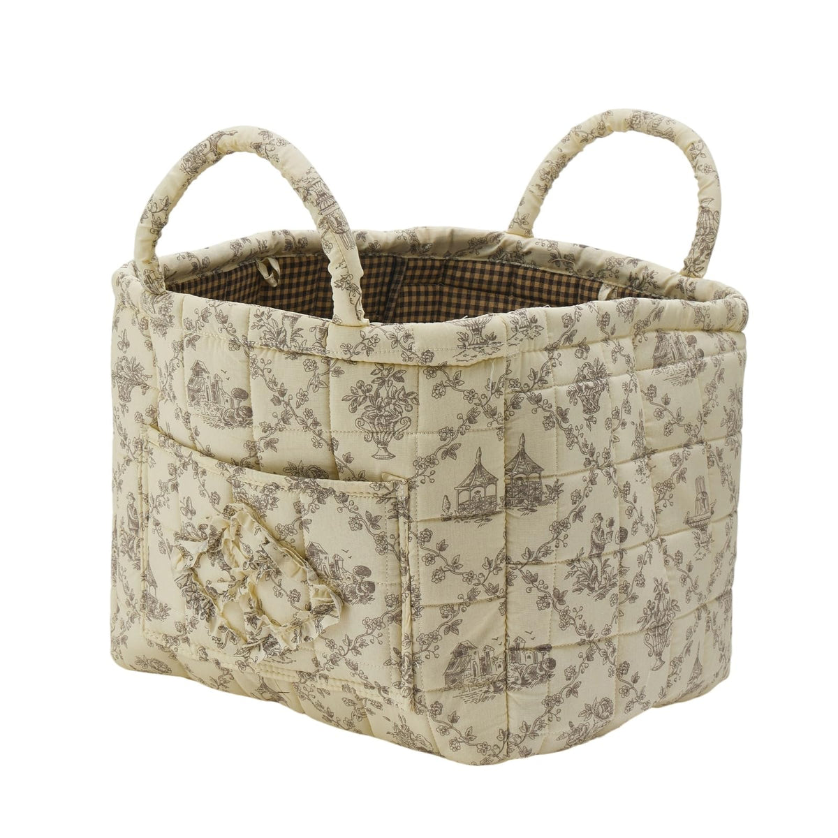 Quilted Fabric Storage Basket with Handles & Pocket, Foldable Laundry Hamper Boho Floral Print Organizer Bin for Home, Picnic, Office 12"x10"x10" (A-1)