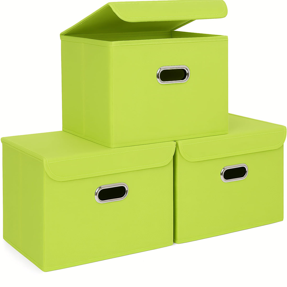 STOREONE Fabric Storage Cube Bins Foldable Organizer Container Collapsible Basket with Lids and Metal Handles, for Home, Bedroom, Closet 3 Pcs (Navy Blue)