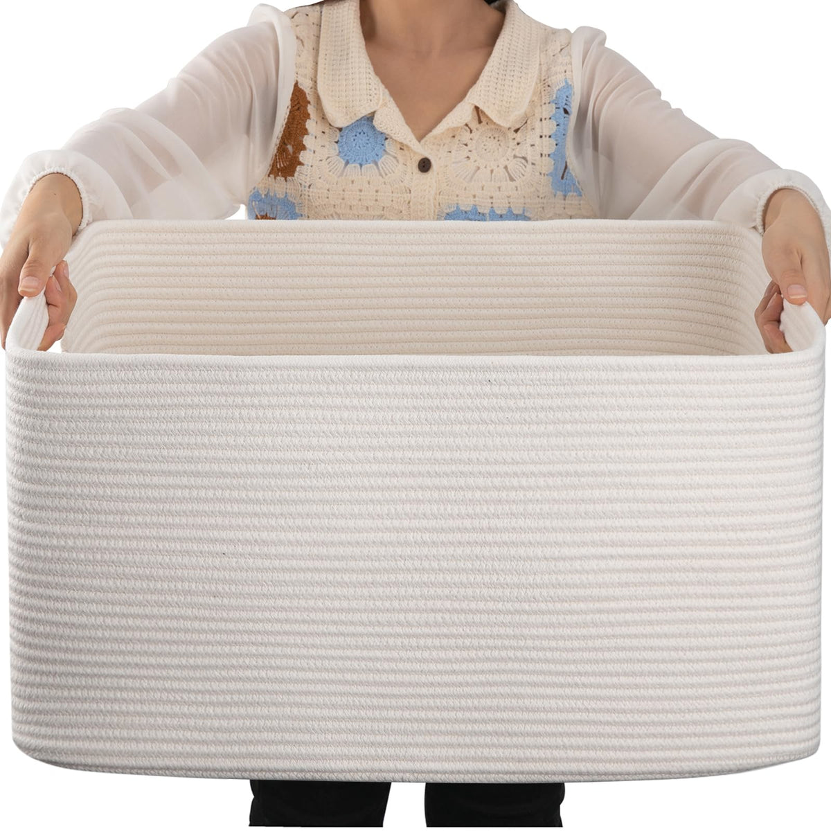 OIAHOMY 75L Large Blanket Basket Woven Cotton Rope Storage Basket Brown