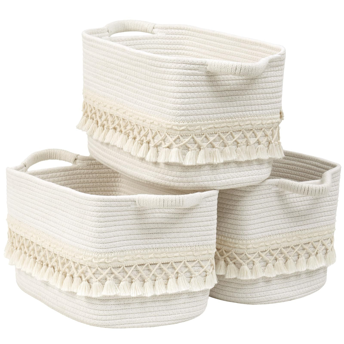 2 Pack Storage Basket for Shelves, Boho Cotton Rope Storage Bins with Heavy Tassel, Shelf Baskets Large Woven Baskets for Organizing, Cube Organizer Bins, Baby Laundry Basket for Clothes, Toys, Pets