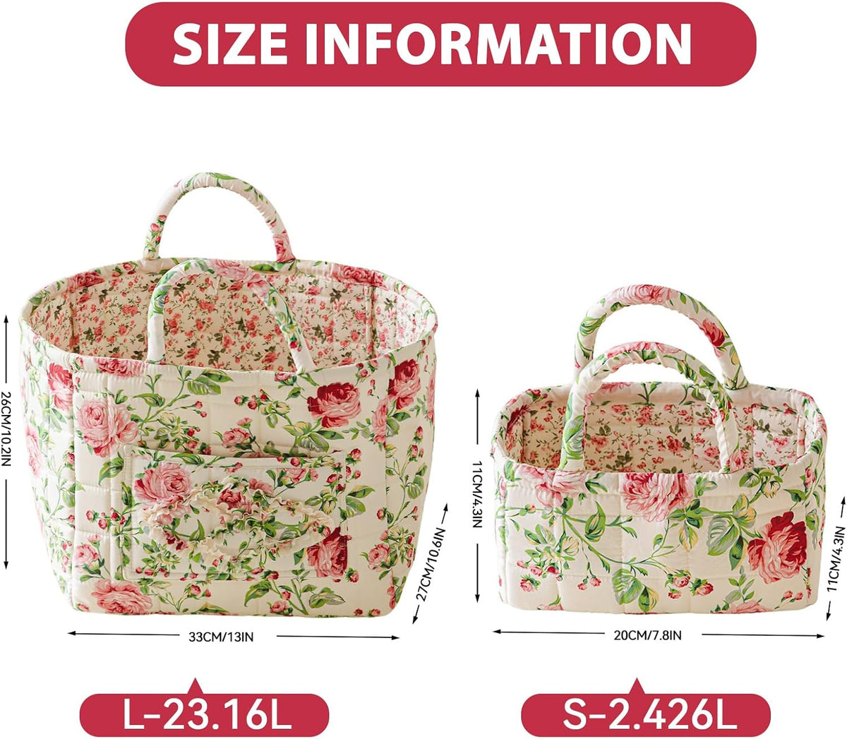 vctops 2 Pack Boho Fabric Quilted Storage Baskets for Organizing, Basket Organizer Gift Basket with Handles, Storage Bins for Toys, Books, Towels, and Clothes, Collapsible Fabric(Floral A)