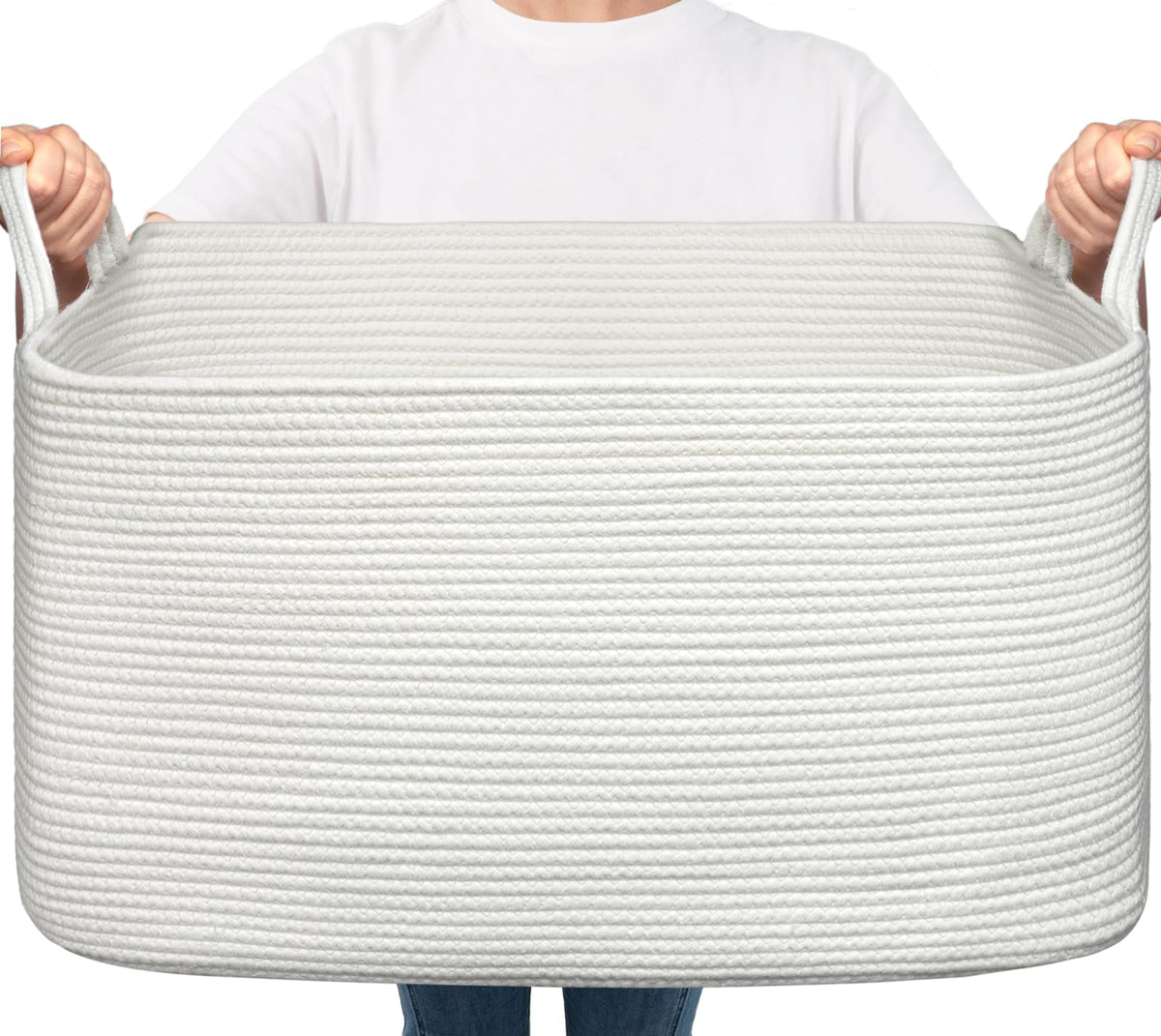 Goodpick Large Woven Rope Blanket Basket, Rectangle, White & Light Brown