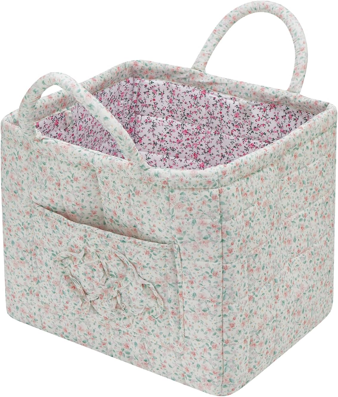 Boho Fabric Storage Basket Quilted Floral Print Baskets Organizer Bin with Handles for Home, Picnic, Shopping (Green, L)