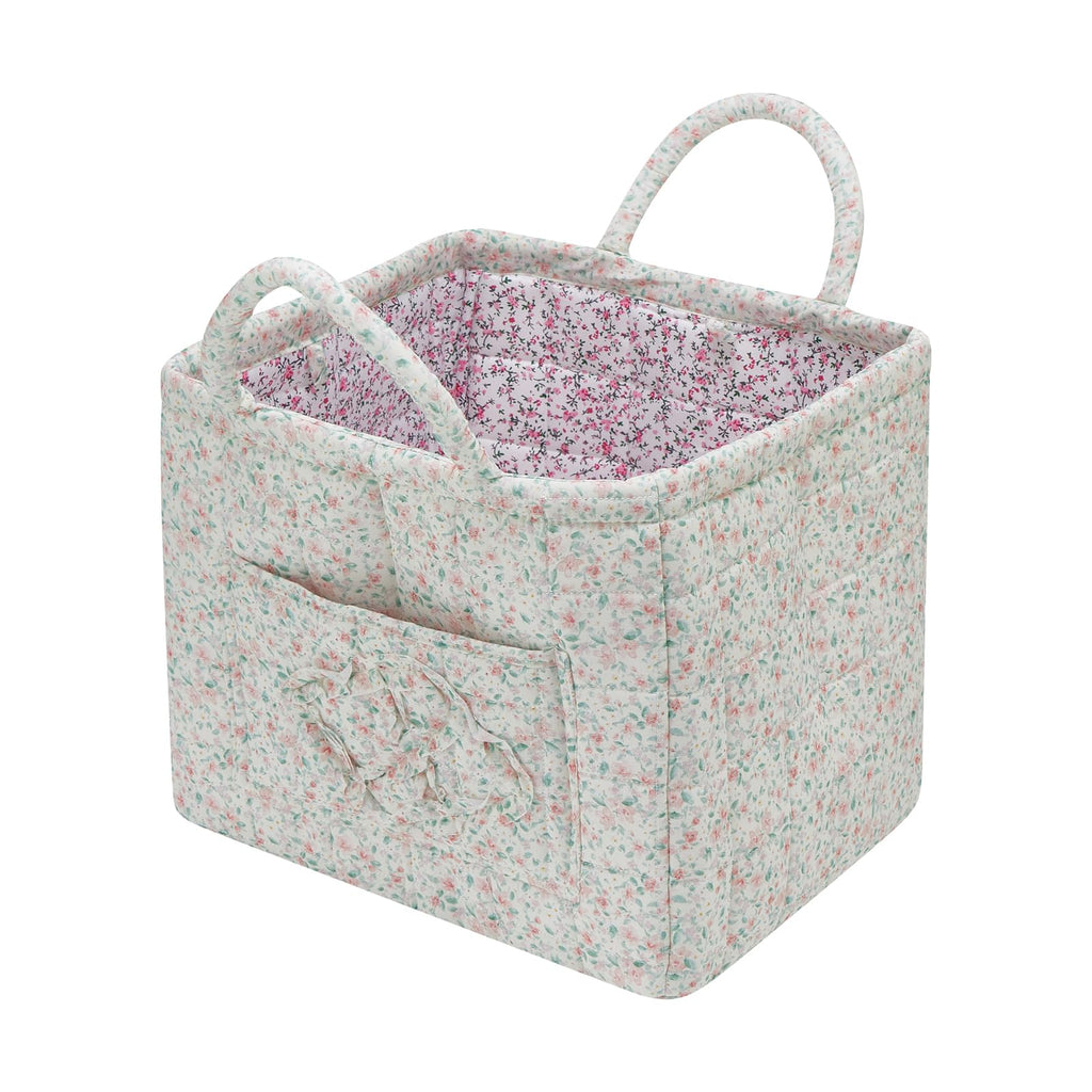 Quilted Fabric Storage Basket with Handles & Pocket, Foldable Laundry Hamper Boho Floral Print Organizer Bin for Home, Picnic, Office 12"x10"x10" (A-1)