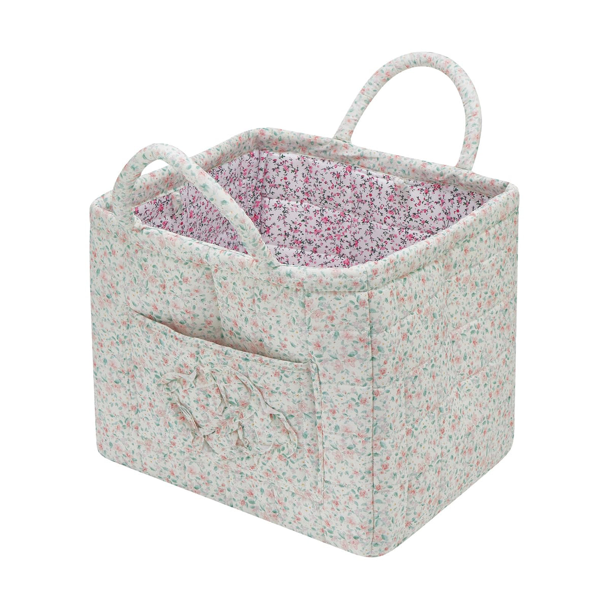 Boho Fabric Storage Basket Quilted Floral Print Baskets Organizer Bin with Handles for Home, Picnic, Shopping (Green, L)
