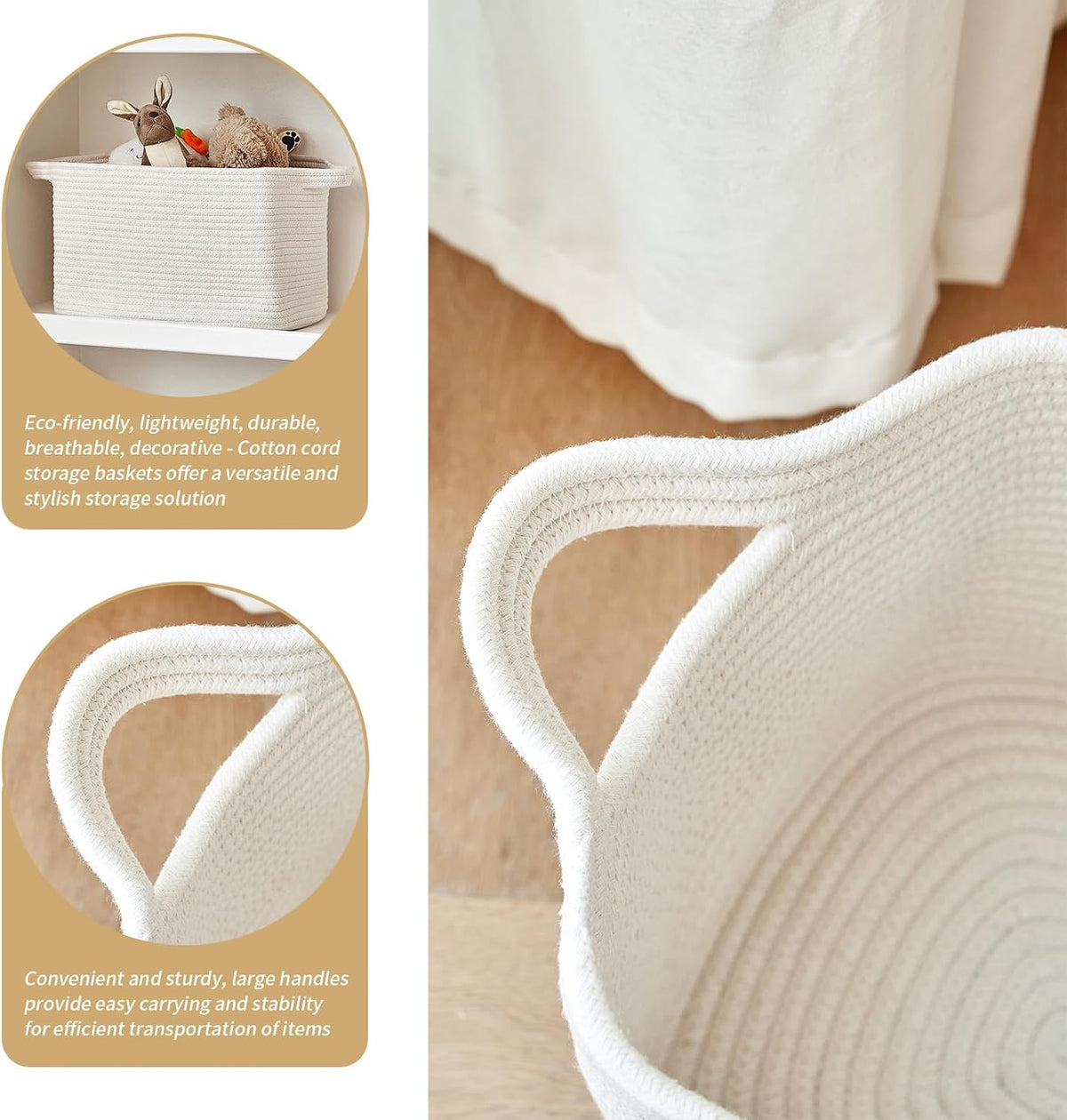 R RUNKA Cotton Rope Basket Set of 3 (15"x10.2"x9.1") - Rectangle Storage Bins - Versatile Toy Storage Organizer - Perfect for Kids, Dog Toys, Books, Shelves - White