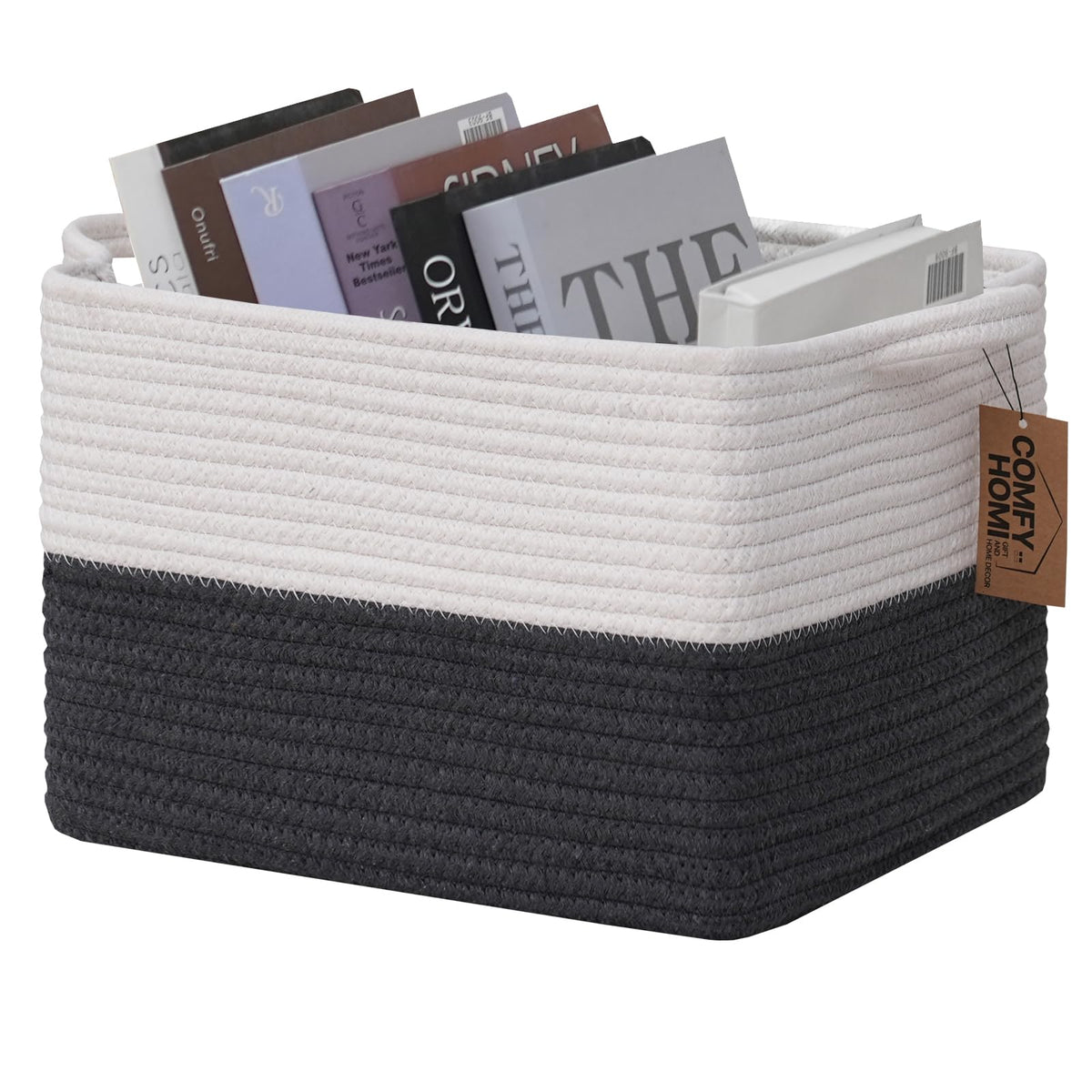 COMFY-HOMI Cotton Rope Woven Basket with Handles for Shelves,Toys,Book, Cloth Storage Baskets Bin for Organizing- 1 PCSToy Decorative Organizer for Living Room, Bathroom