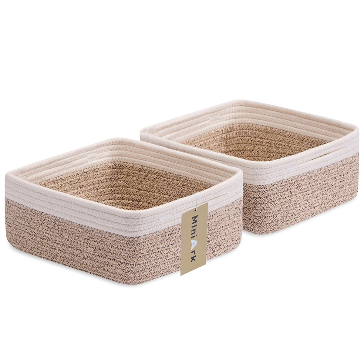 MiniArk Small Square Shallow Baskets for Organizing, 9.7x9.7x4.3 Inch Rope Woven Storage Bins for Cubes Closet, Shelves Storage, Boho Decorative Basket, 2 Packs Black