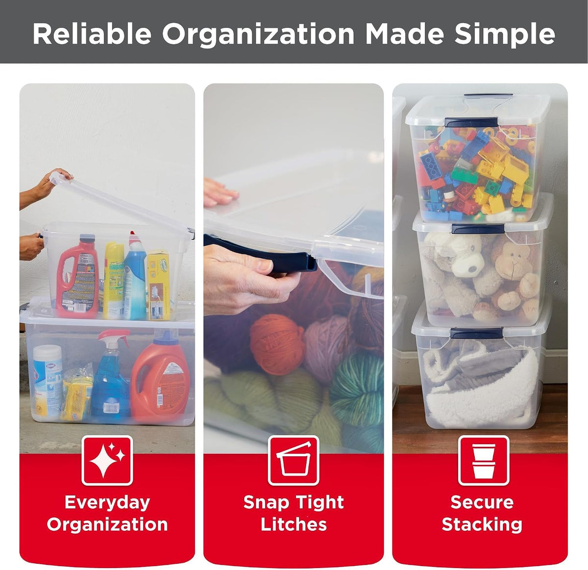 Rubbermaid Cleverstore Clear 32 Qt, 6 Pack Stackable Plastic Storage Bins with Lids, Great for Closet and Laundry Storage, Organizing in the Home
