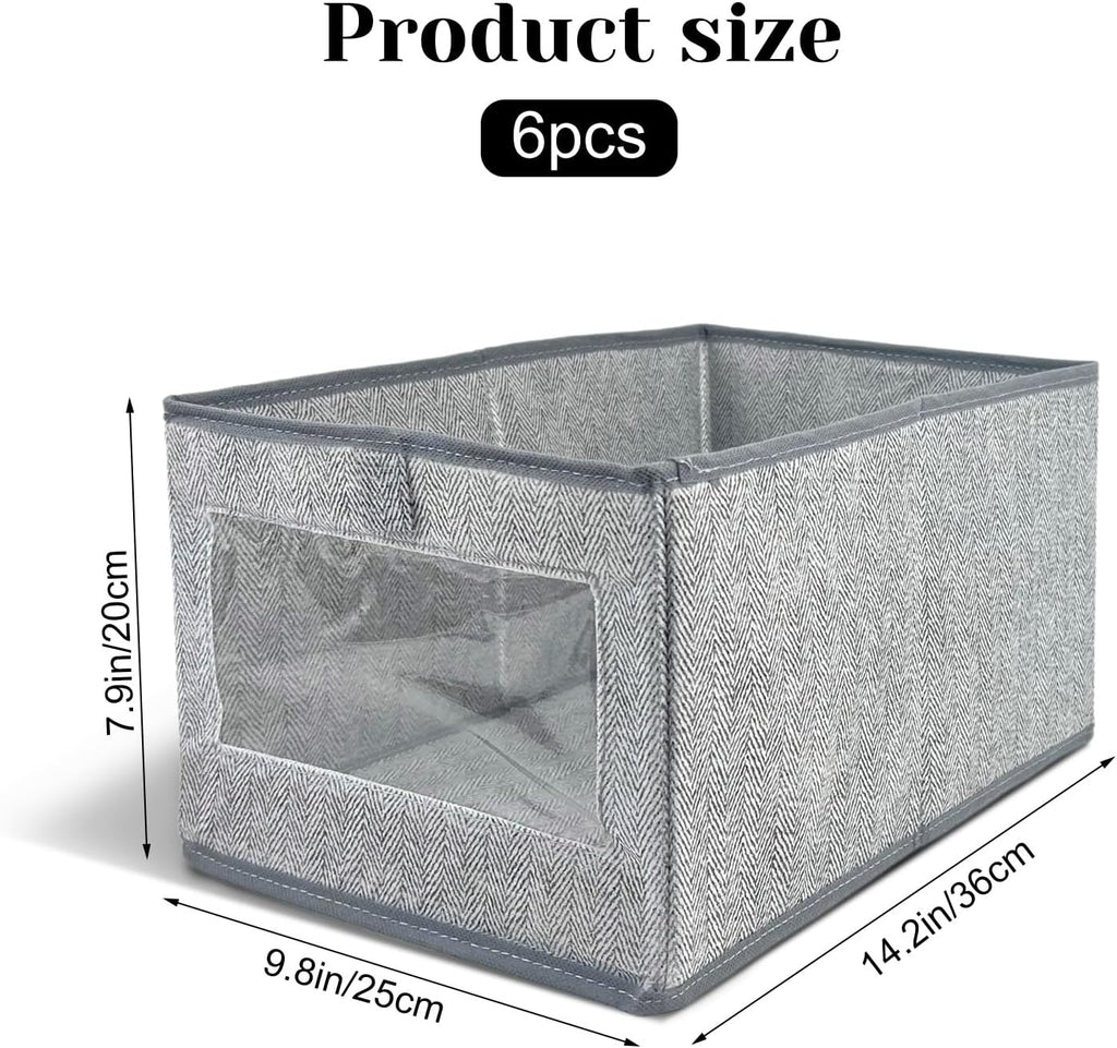 6 Pieces Linen Closet Storage Bins with Clear Window, Shelf Basket Closet Clothes Organizer Storage Containers for Organizing Shelves Wardrobe Office Clothing Books