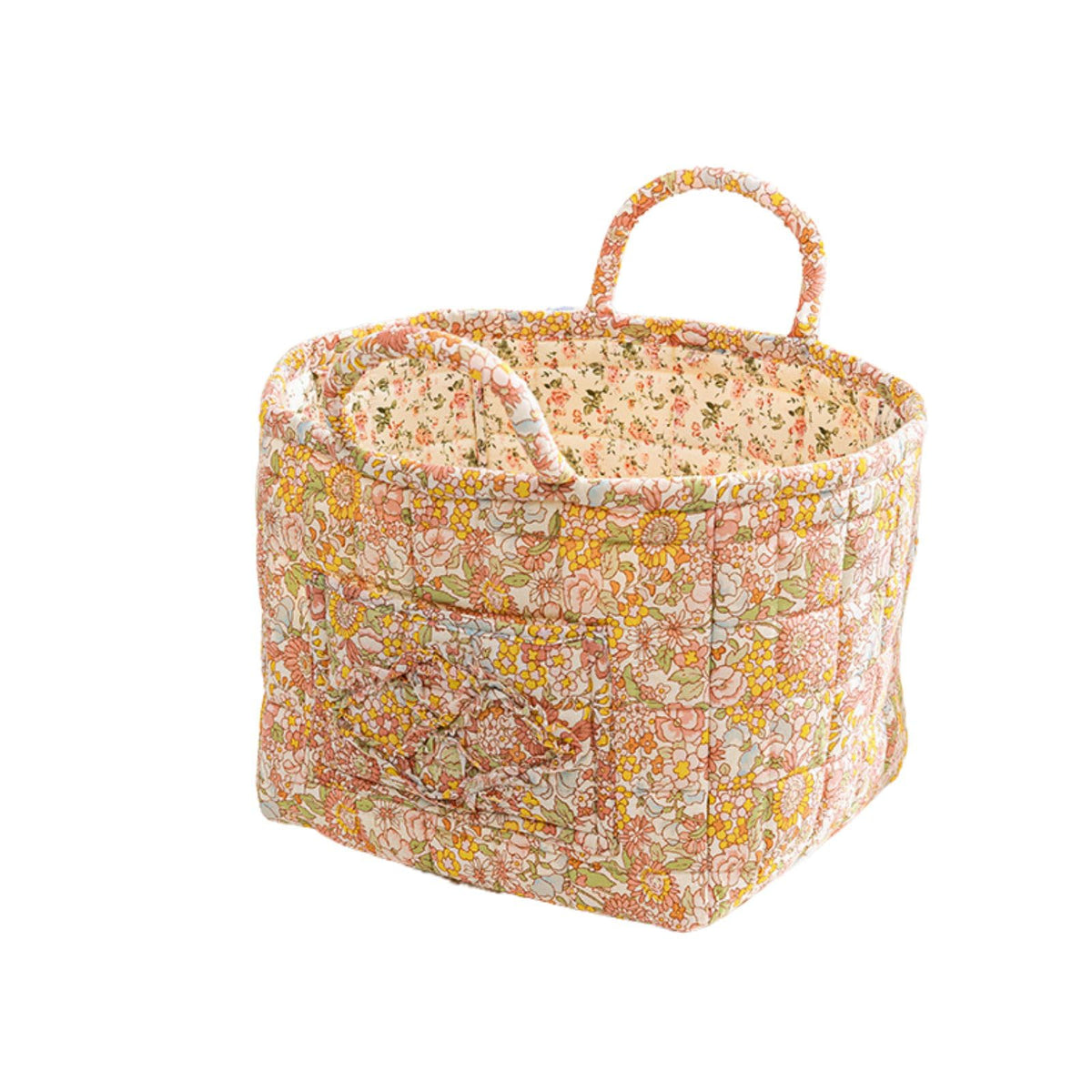 Quilted Fabric Storage Basket with Handles – Boho Foldable Floral Organizer Bin for Home, Picnic, Shopping, Travel 13"x11"x10" (Olive Floral)