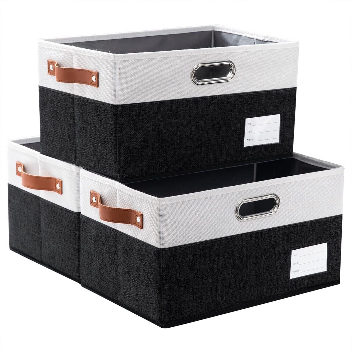PRANDOM Large Foldable Storage Bins for Shelves [3-pack] Decorative Linen Fabric Storage Baskets Cubes with Leather/Metal Handles for Closet Nursery Office Grey and Black Trim (14.9x9.8x8.3 Inch)
