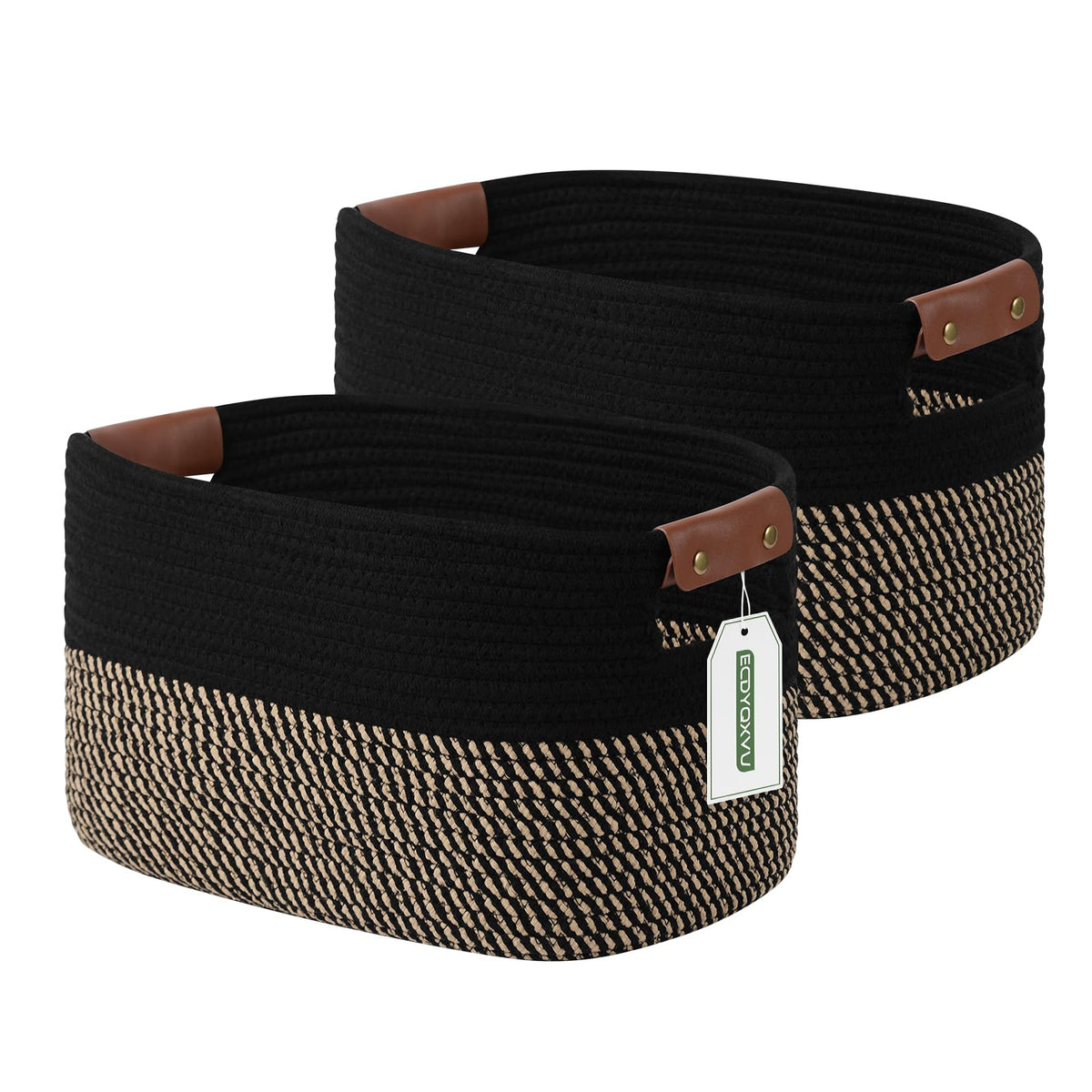ECDYQXVU 15x10x9 Woven Cotton Rope Storage Basket, Leather Handles 1 Pack