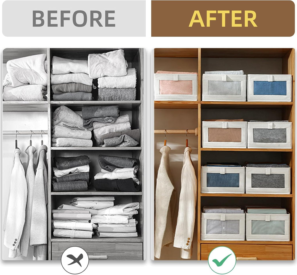 Pradnel Linen Closet Organizers And Storage, 4 Pack Storage Bins Baskets for Organization Foldable Organizer with Clear Window Organizing Clothing, Jeans, Shelves