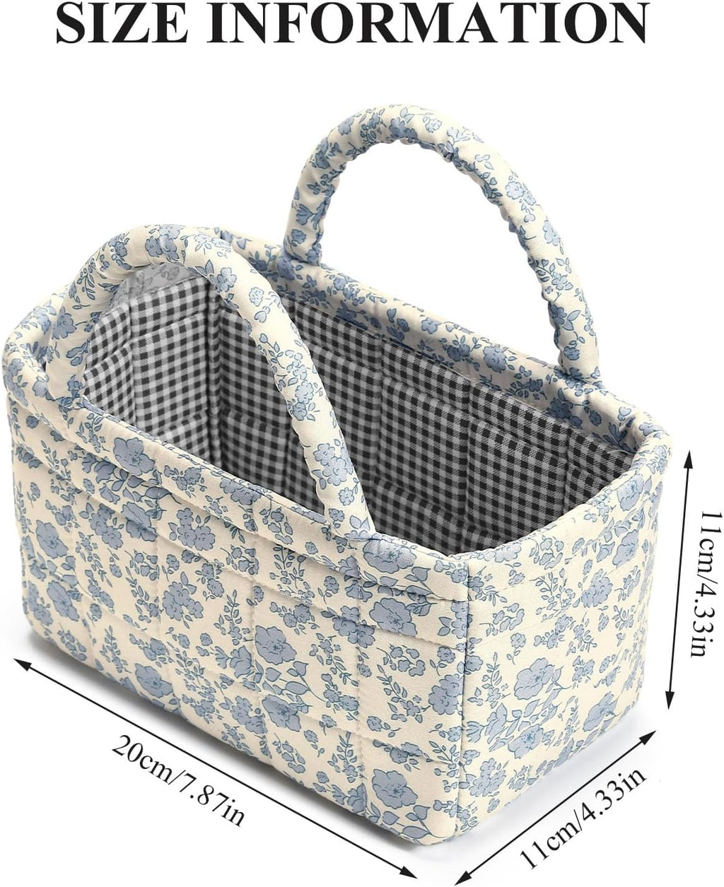 Small Storage Basket Organizer, Mini Fabric Floral Storage Baskets with Handle, Quilted Portable Collapsible Storage (Blue Floral)