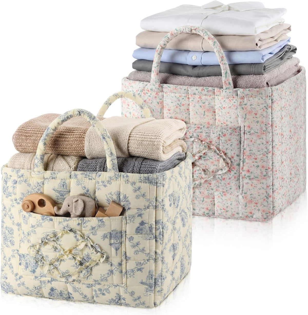 2 Pcs Boho Fabric Storage Basket, Blue & Pink Floral