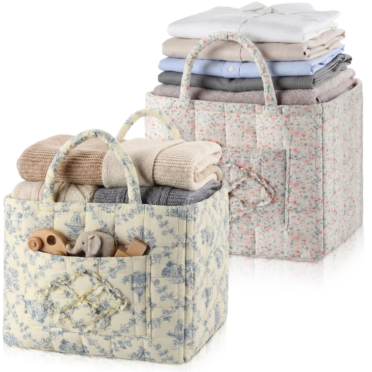 2 Pcs Boho Fabric Storage Basket, Blue & Pink Floral