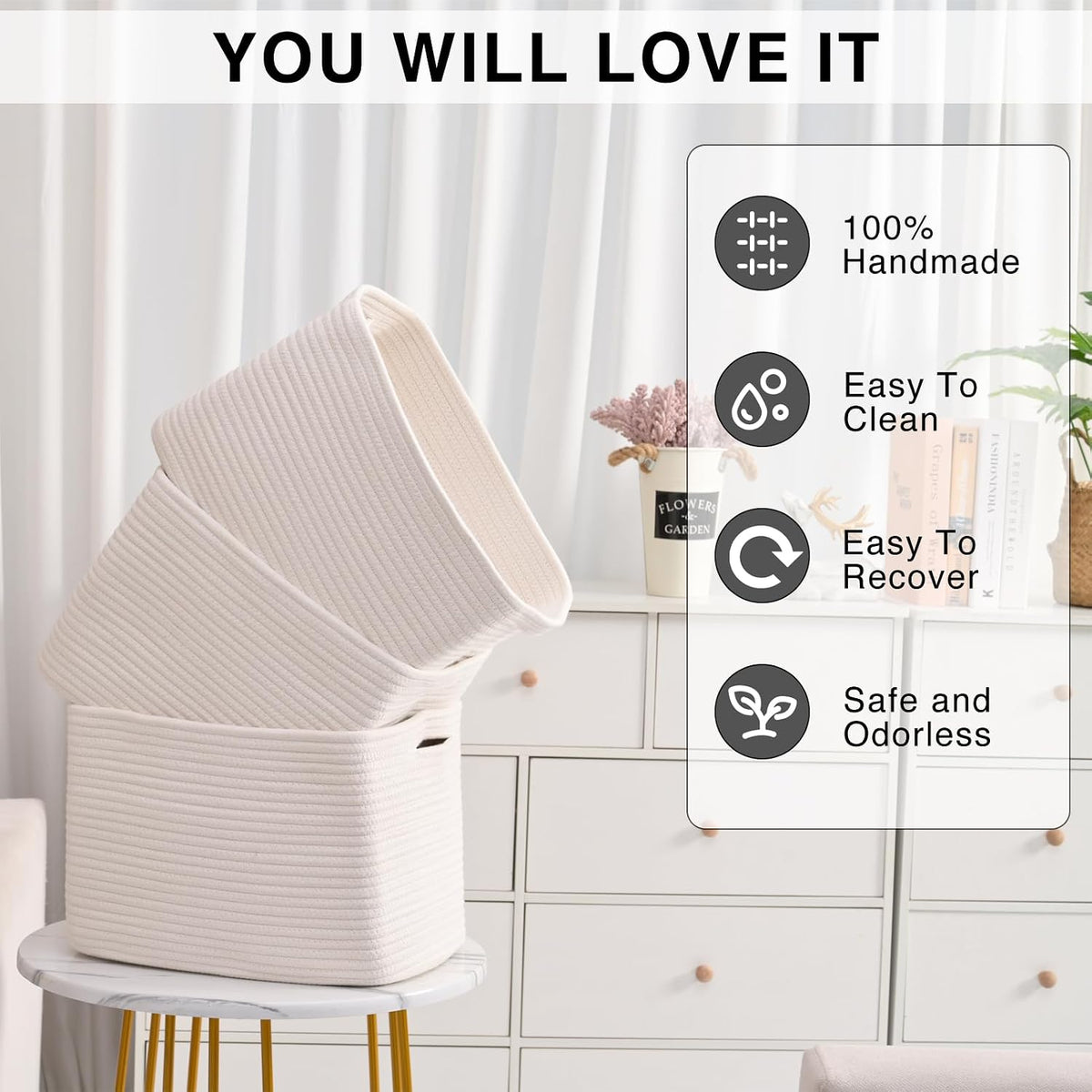 ICERZCZ Storage Baskets for Organizing Shelves 15x11x9.5 Off White 3 Packs