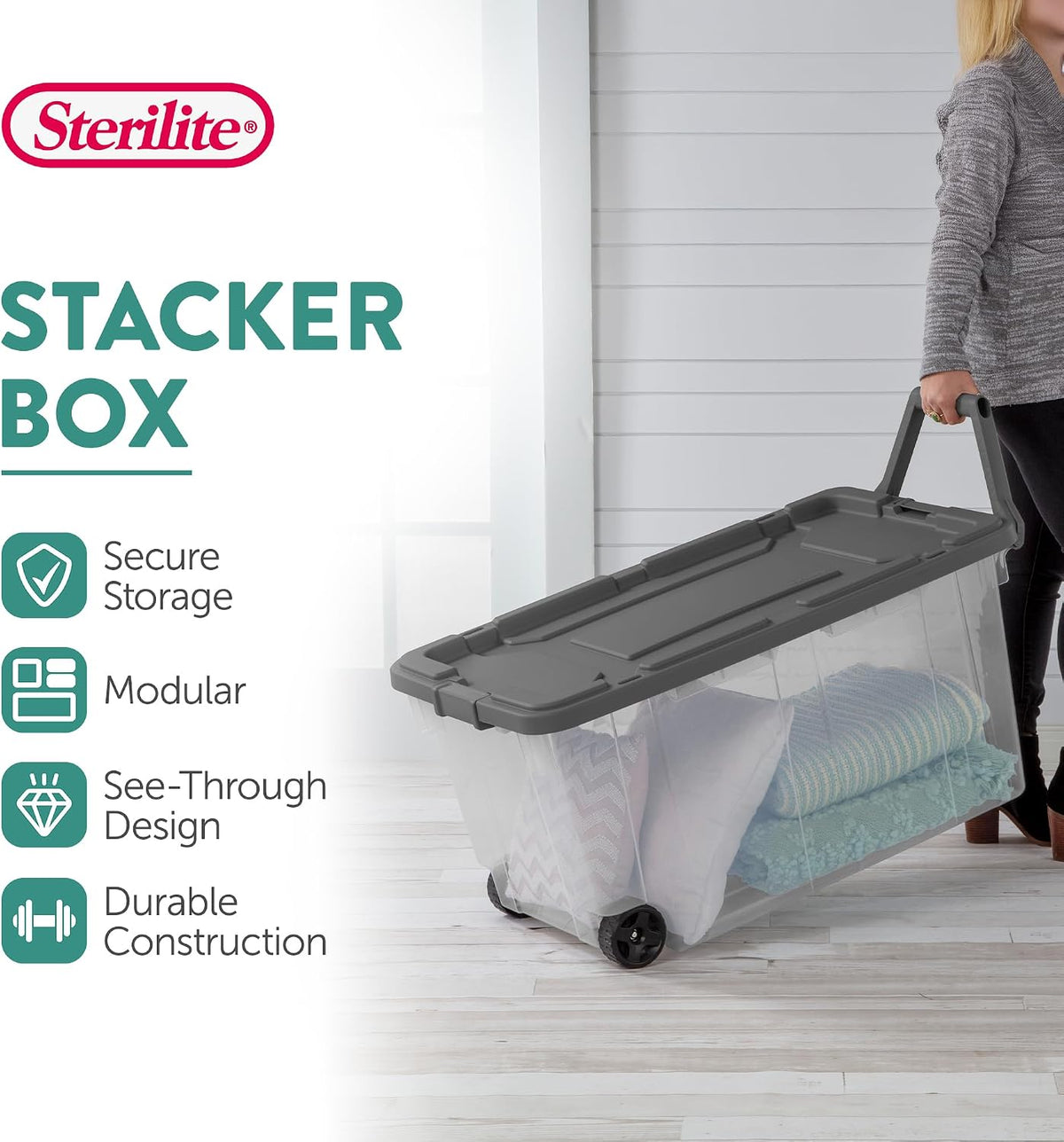 Sterilite 8-Pack Modular Stacker Box, Durable Clear Plastic Storage Bins with Latching Lids, 40 Quart - Stackable Organizing Container Boxes for Closet, Bathroom, and Office