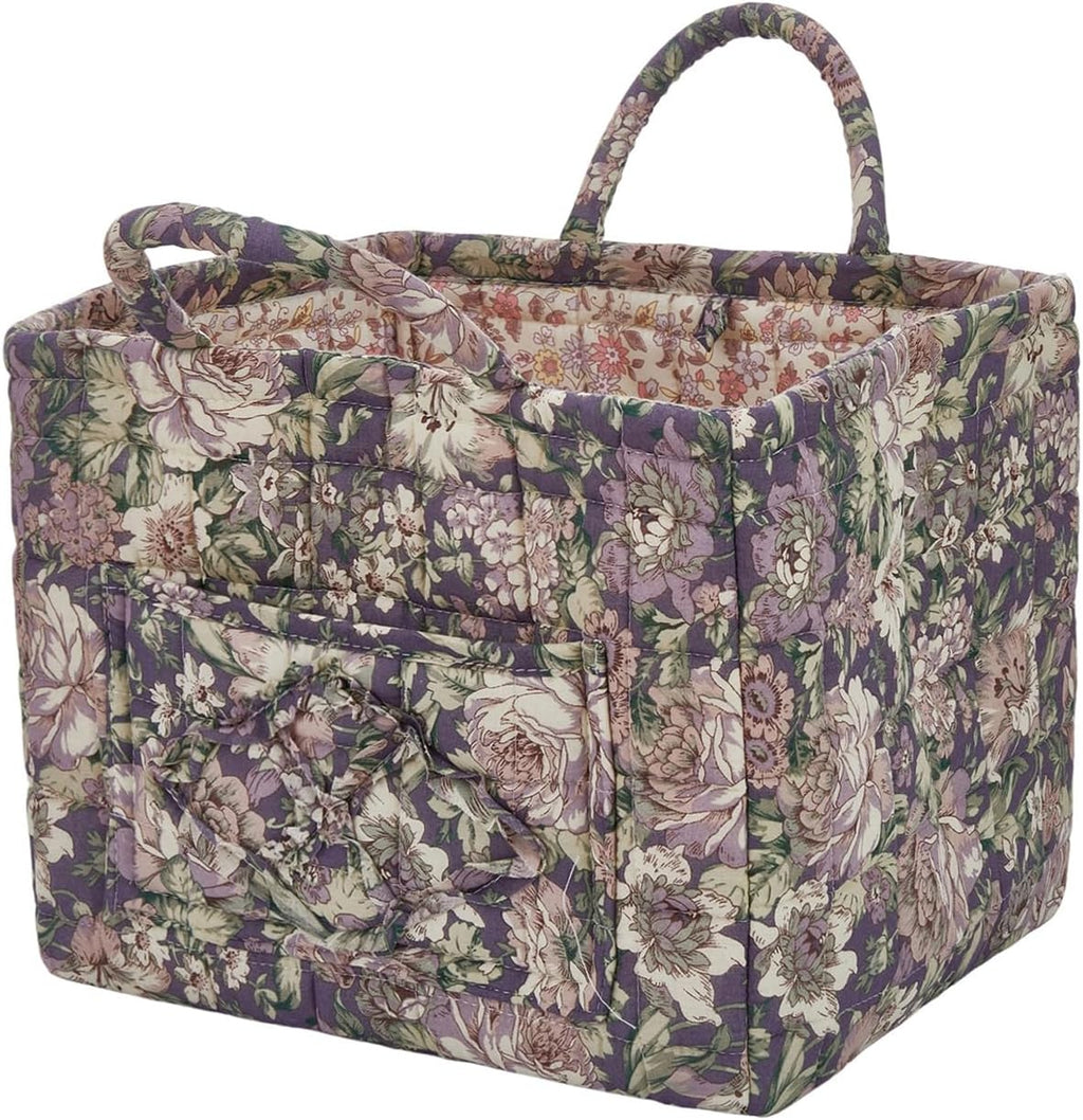 Quilted Laundry Basket with Handles - Multi-Purpose Fabric Storage Basket，Boho Fabric Storage Baskets with Handles for Car, Home & Nursery - Collapsible Square Organizer (Purple)