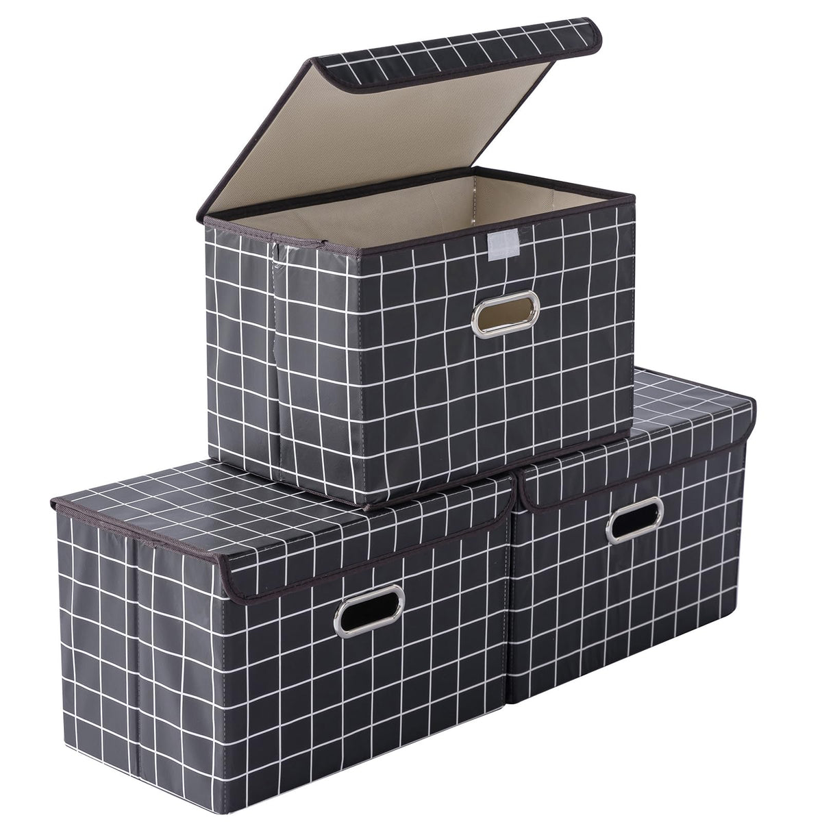 STOREONE Fabric Storage Cube Bins Foldable Organizer Container Collapsible Basket with Lids and Metal Handles, for Home, Bedroom, Closet 3 Pcs (Navy Blue)