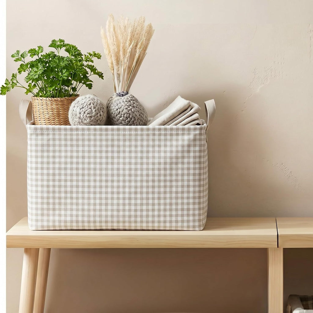 Hushee Khaki Gingham Basket Checkered Storage Collapsible Bin with Handles