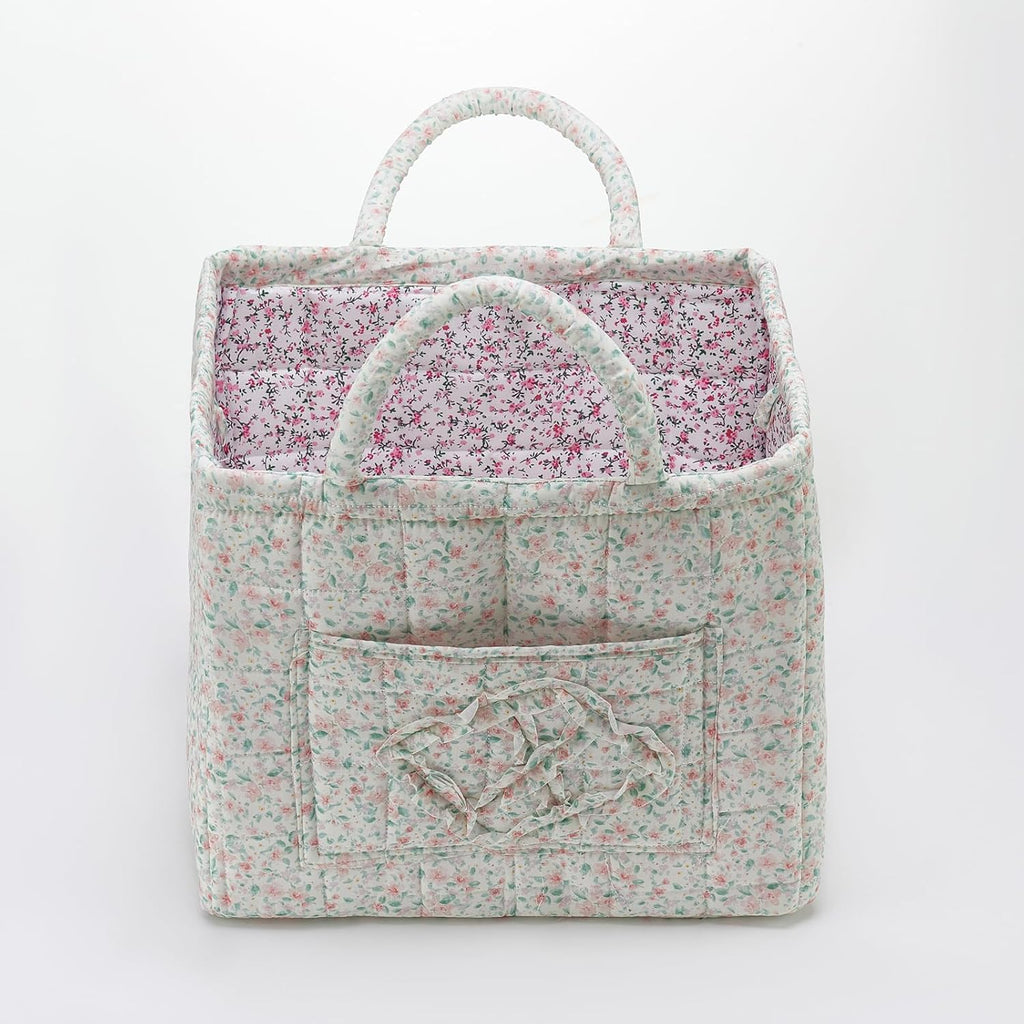 Boho Fabric Storage Basket Quilted Floral Print Baskets Organizer Bin with Handles for Home, Picnic, Shopping (Green, L)