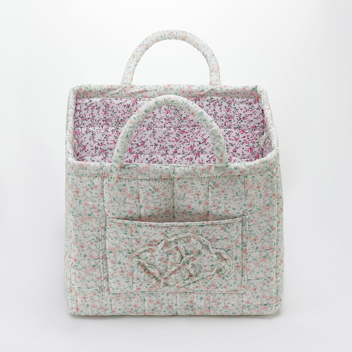 Boho Fabric Storage Basket Quilted Floral Print Baskets Organizer Bin with Handles for Home, Picnic, Shopping (Green, L)