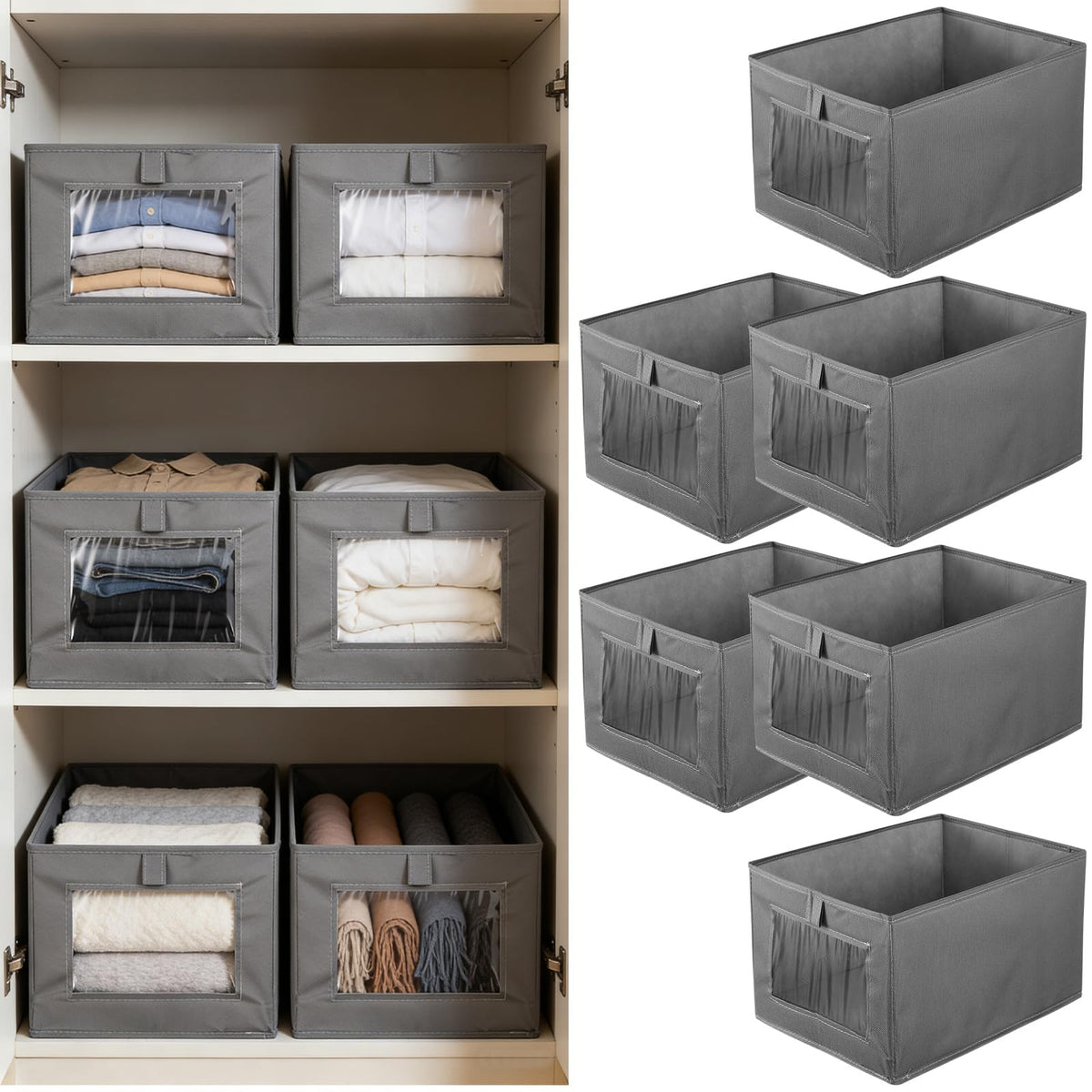 6 Pieces Linen Closet Storage Bins with Clear Window, Shelf Basket Closet Clothes Organizer Storage Containers for Organizing Shelves Wardrobe Office Clothing Books