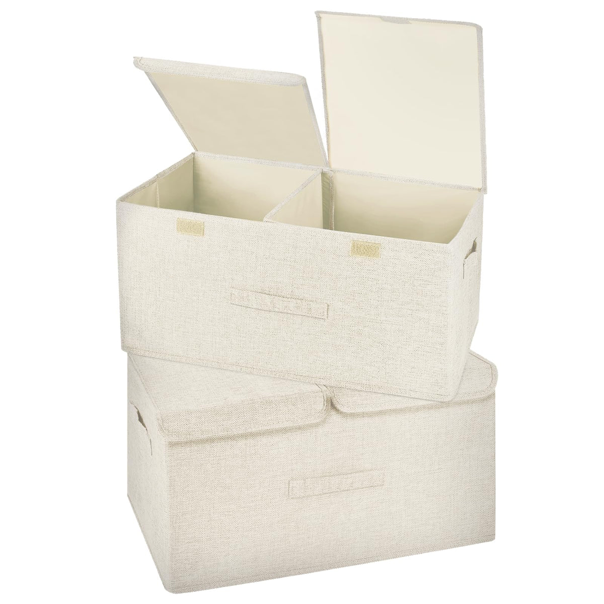 2 Pack Large Linen Fabric Collapsible Storage Bins with Lid and Handles, Washable Storage Box Baskets Cube with Removable Divider for Bedroom,Closet,Office,Living Room,Nursery (Black, Large)