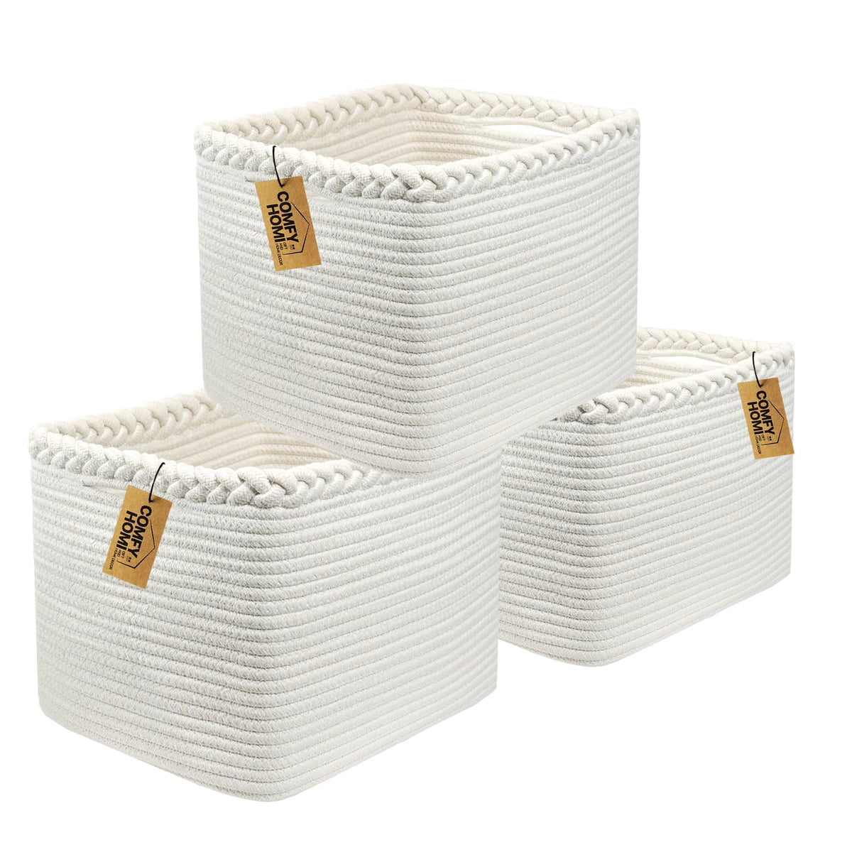 COMFY-HOMI 3PACK Cotton Rope Square Basket with Handles for Shelves|Dog Toy Bin and Storage|Baby Gift|Shoe Organizer|New 13.5" x 11" x 9.5" for Living Room (Black/Jute)