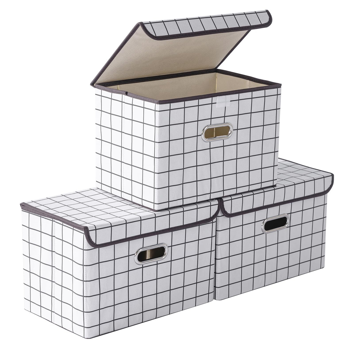 STOREONE Fabric Storage Cube Bins Foldable Organizer Container Collapsible Basket with Lids and Metal Handles, for Home, Bedroom, Closet 3 Pcs (Navy Blue)