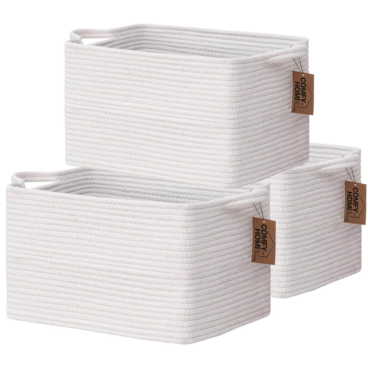 COMFY-HOMI 3PACK Cotton Rope Square Basket with Handles for Shelves|Dog Toy Bin and Storage|Baby Gift|Shoe Organizer|New 13.5" x 11" x 9.5" for Living Room (Black/Jute)