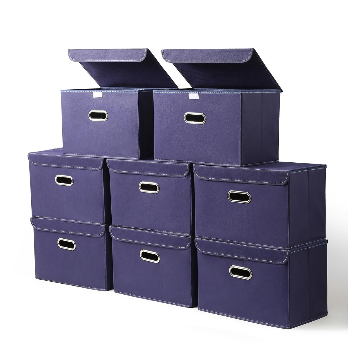 STOREONE Fabric Storage Cube Bins Foldable Organizer Container Collapsible Basket with Lids and Metal Handles, for Home, Bedroom, Closet 3 Pcs (Navy Blue)