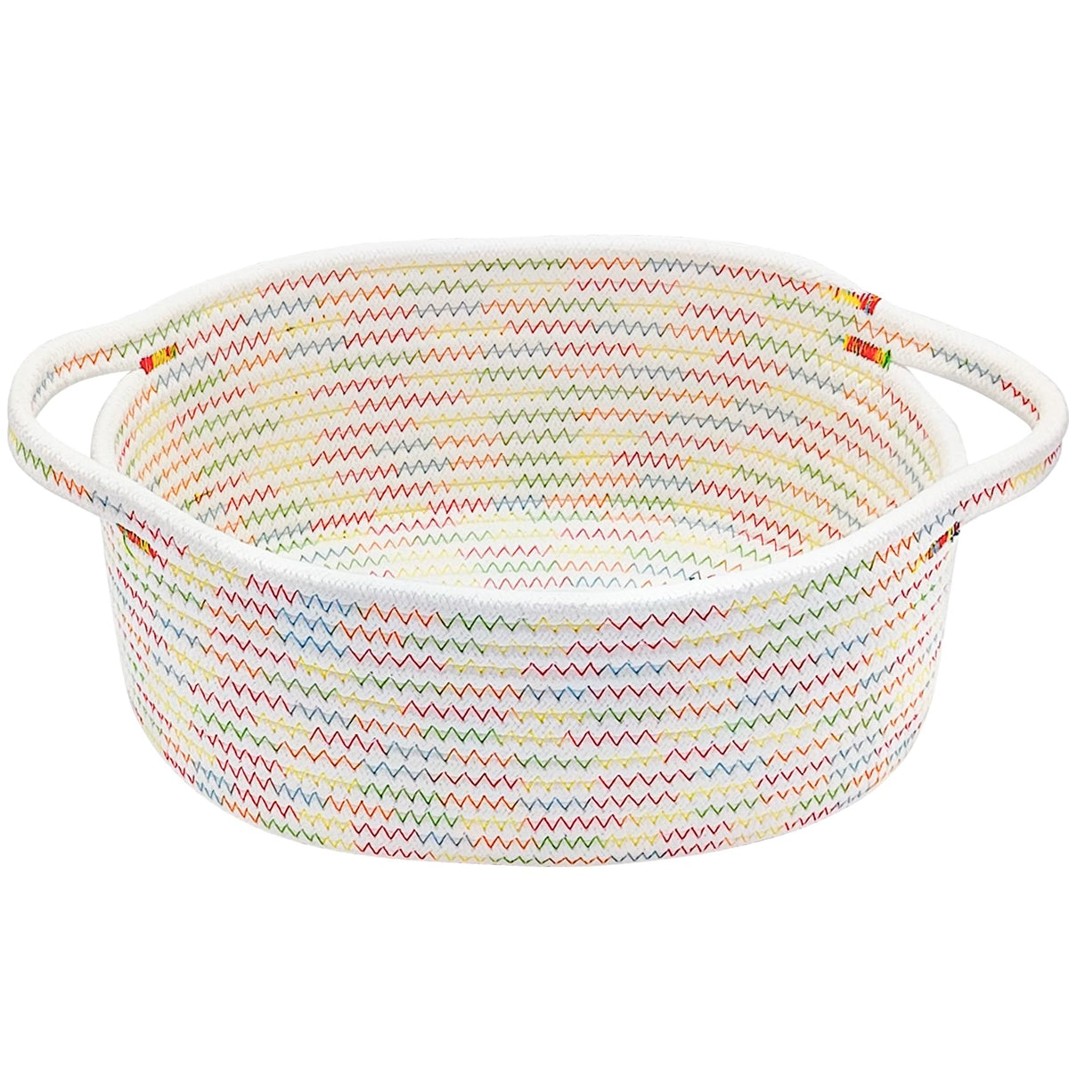 ABenkle Small Basket with Handles, Boho Decorative Rope Woven Dog Cat Toy Storage Bin Shelf Storage Organizer, Easter Christmas Gift Basket, 12"x8"x5", White