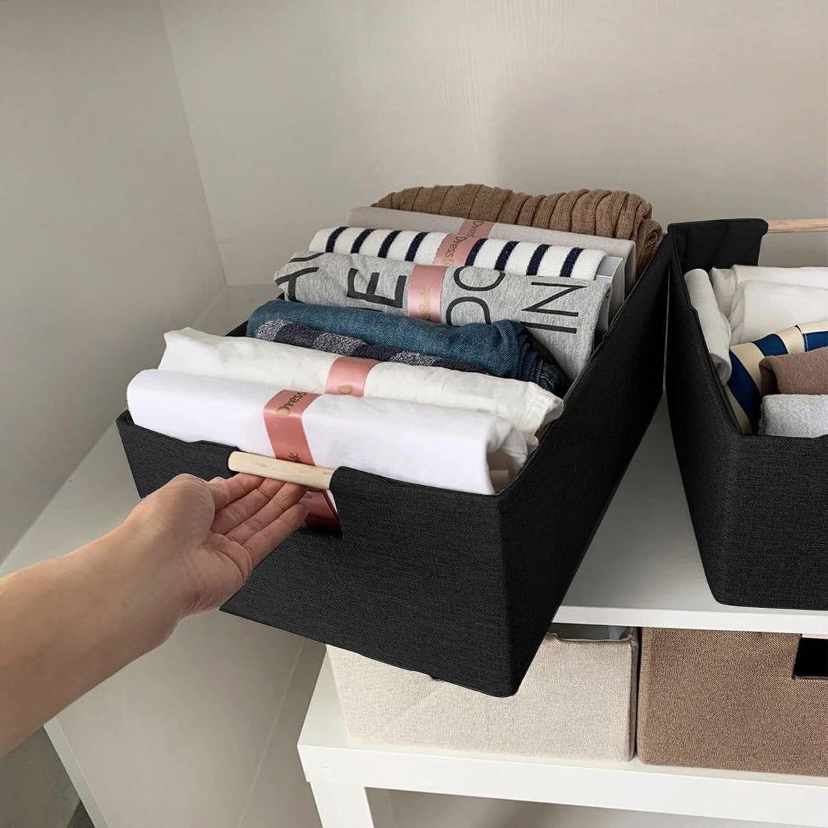 xianshengle Fabric Storage Basket for Shelves, Collapsible Storage Bins with wood Handles, Rectangle Closet Baskets, Wardrobe Organiser, for Sorting Clothes, Family Items (Black) (1)