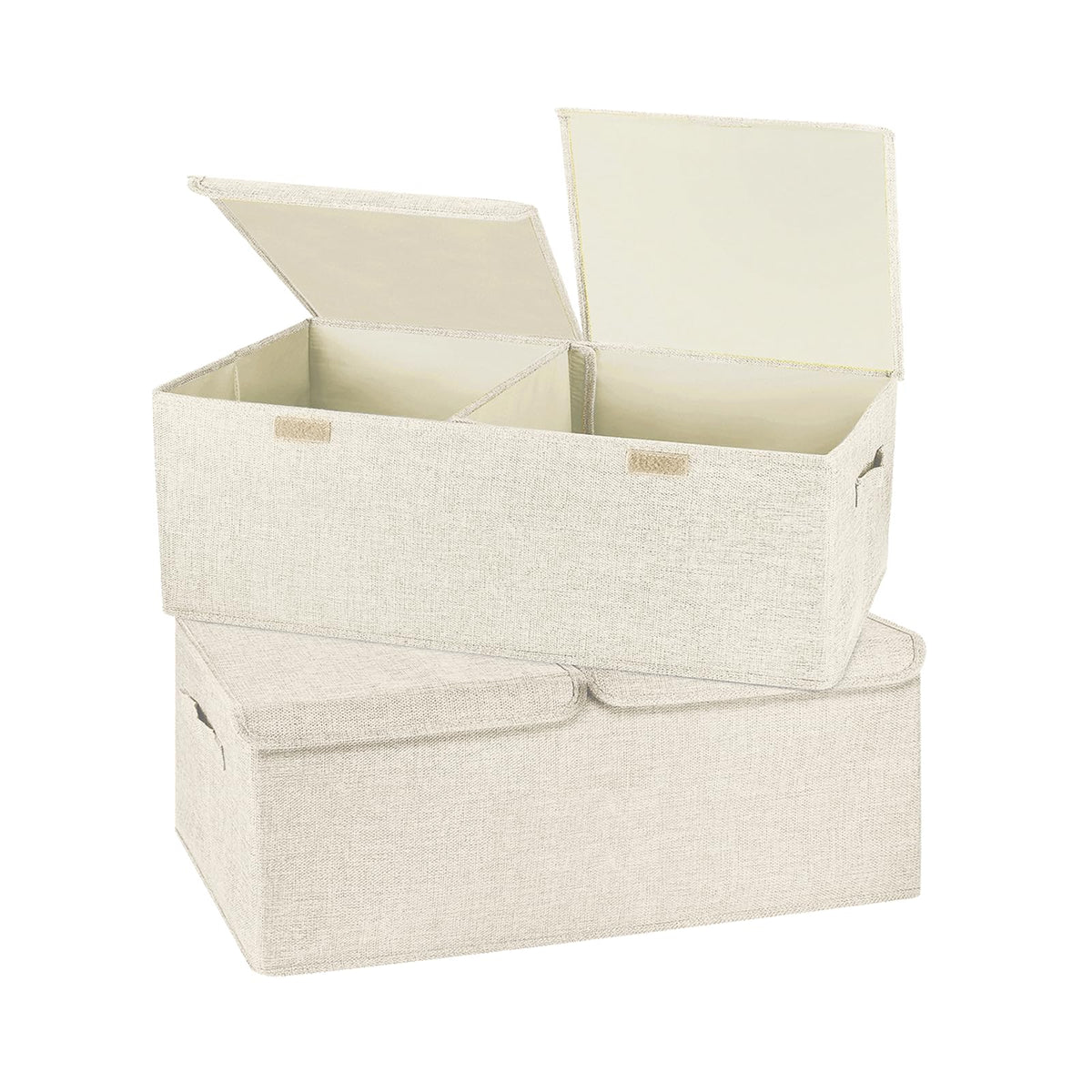 2 Pack Large Linen Fabric Collapsible Storage Bins with Lid and Handles, Washable Storage Box Baskets Cube with Removable Divider for Bedroom,Closet,Office,Living Room,Nursery (Black, Large)