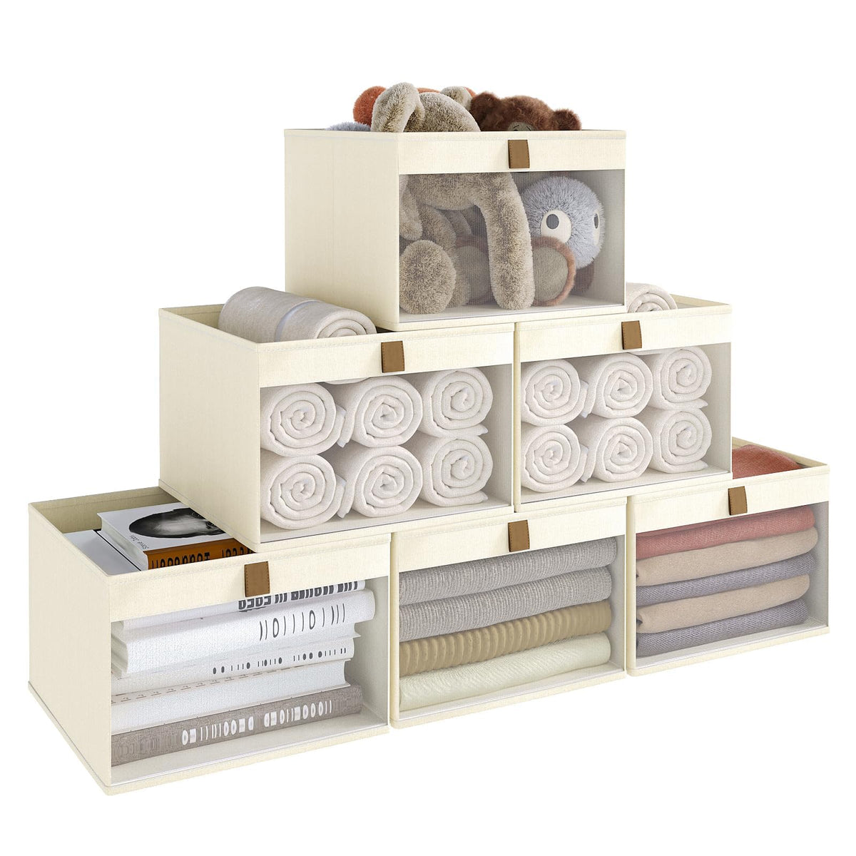 Linen Closet Organizers and Storage, Closet Storage Bins Basket Organizer, Foldable Organization Baskets with Mesh Window for Clothes Towels and Toys, 12.75" x 12.75" x 9", Beige, 4 pack